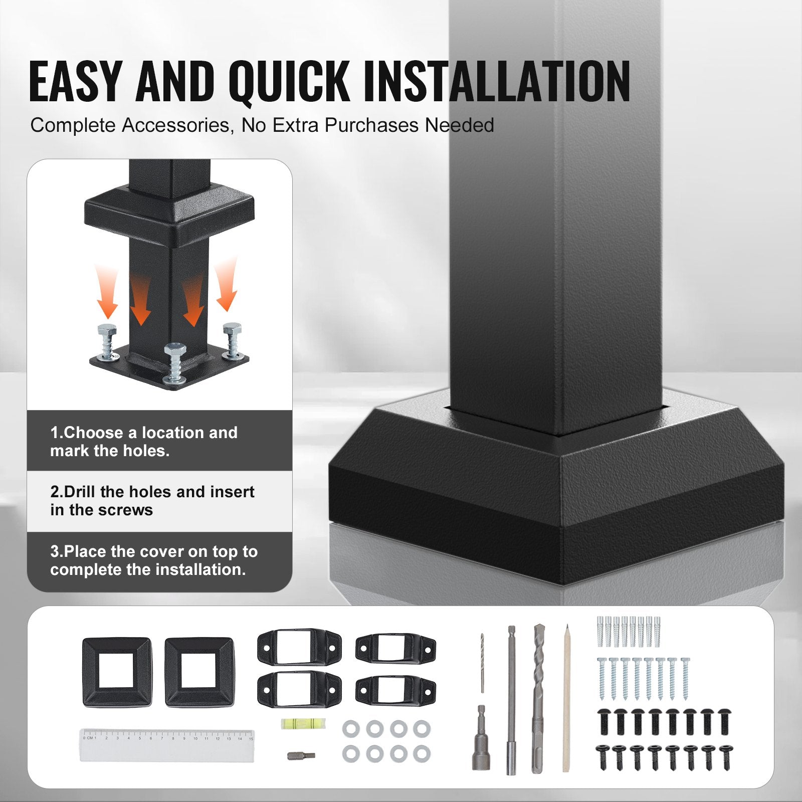 VEVOR Handrails for Outdoor Steps, 1-2 Step Stair Hand Rail Kit, Transitional Carbon Steel Railings with Installation Kit, Stair Rails for Seniors, Concrete Steps & Porch & Deck, Black Square Tube 4