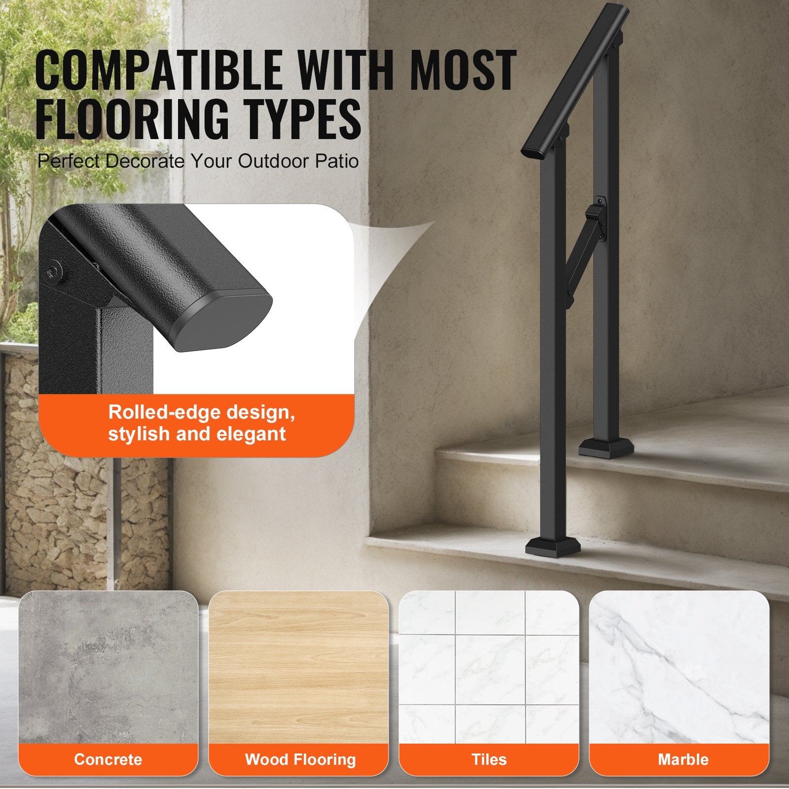 VEVOR Handrails for Outdoor Steps, 1-2 Step Stair Hand Rail Kit, Transitional Carbon Steel Railings with Installation Kit, Stair Rails for Seniors, Concrete Steps & Porch & Deck, Black Square Tube 5