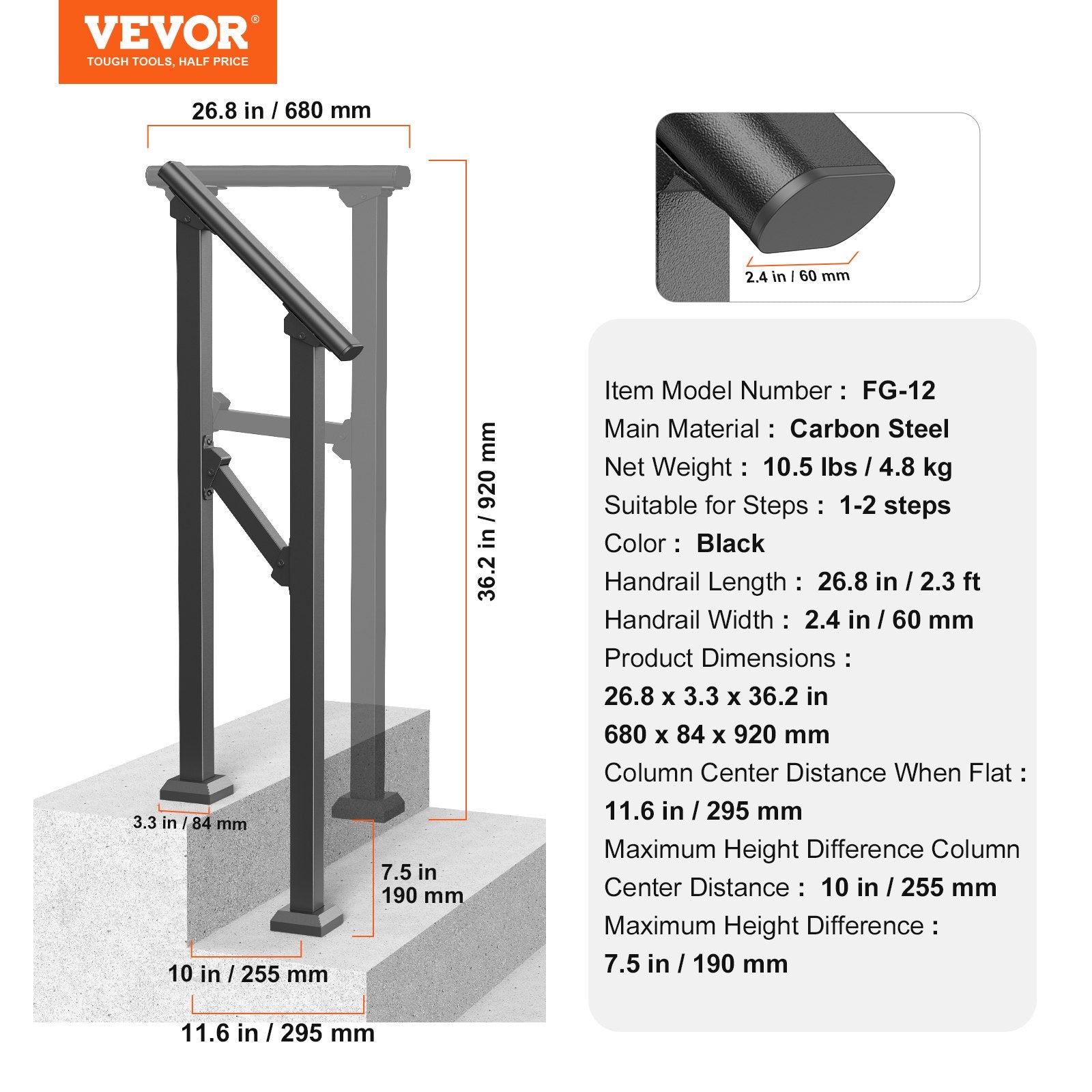 VEVOR Handrails for Outdoor Steps, 1-2 Step Stair Hand Rail Kit, Transitional Carbon Steel Railings with Installation Kit, Stair Rails for Seniors, Concrete Steps & Porch & Deck, Black Square Tube 7