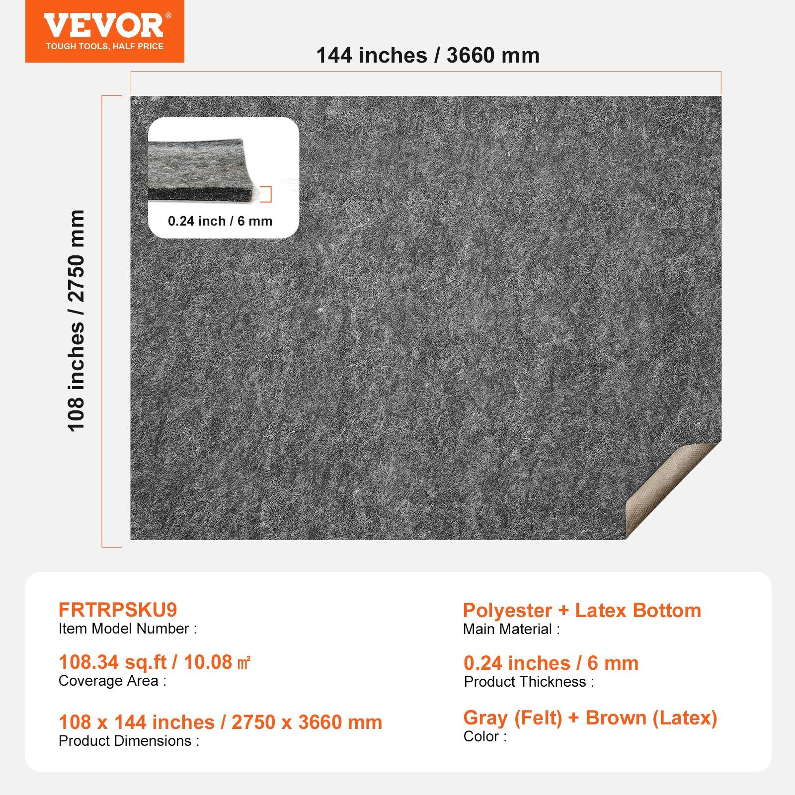 VEVOR Non Slip Rug Pad Gripper 9' x 12' Carpet Mat 0.24" Thick for All Floor 7