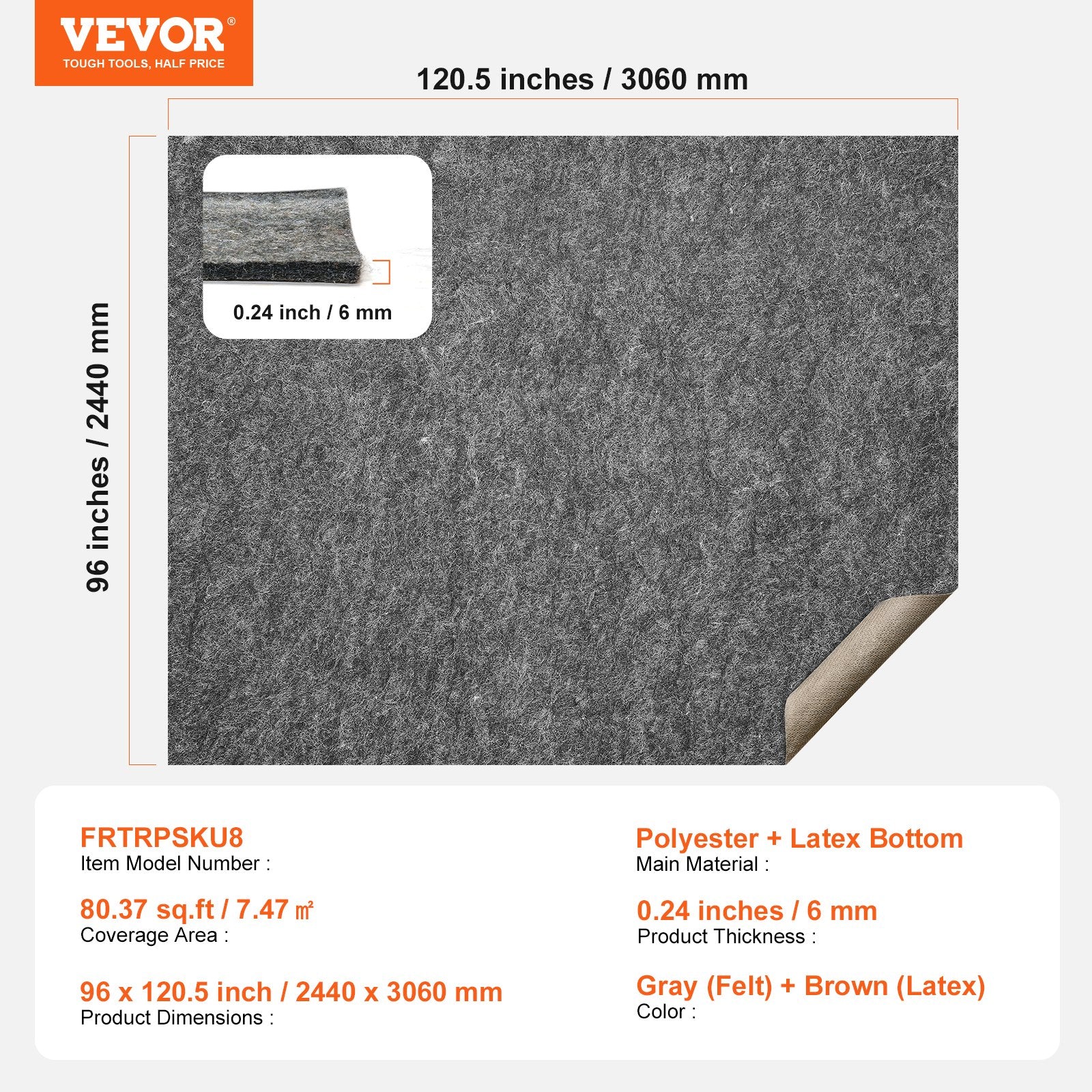 VEVOR Non Slip Rug Pad Gripper 8' x 10' Carpet Mat 0.24" Thick for All Floor 7
