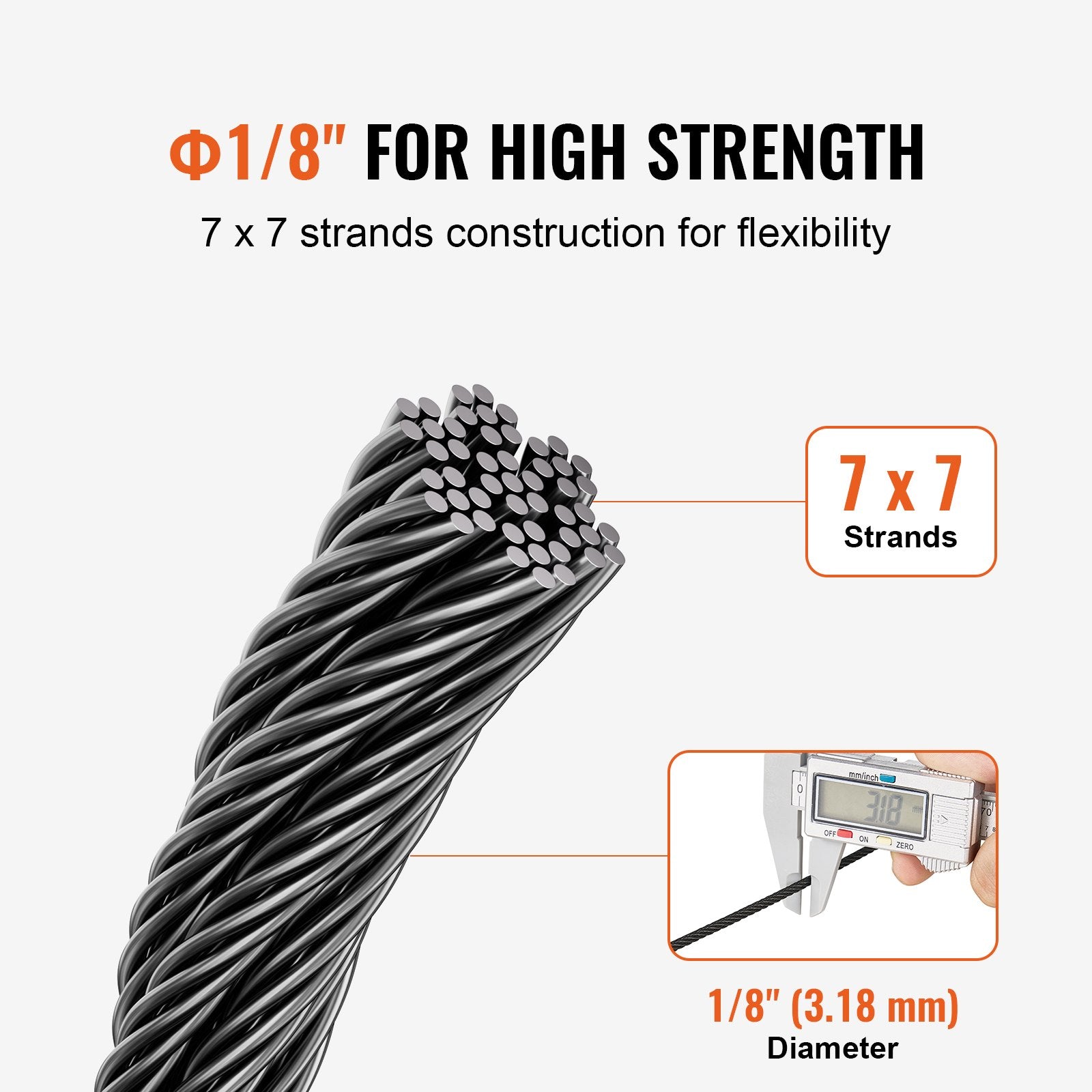 VEVOR T316 Stainless Steel Cable 3.18mm 7x7 Steel Wire Rope 152.4m Cable Railing 3