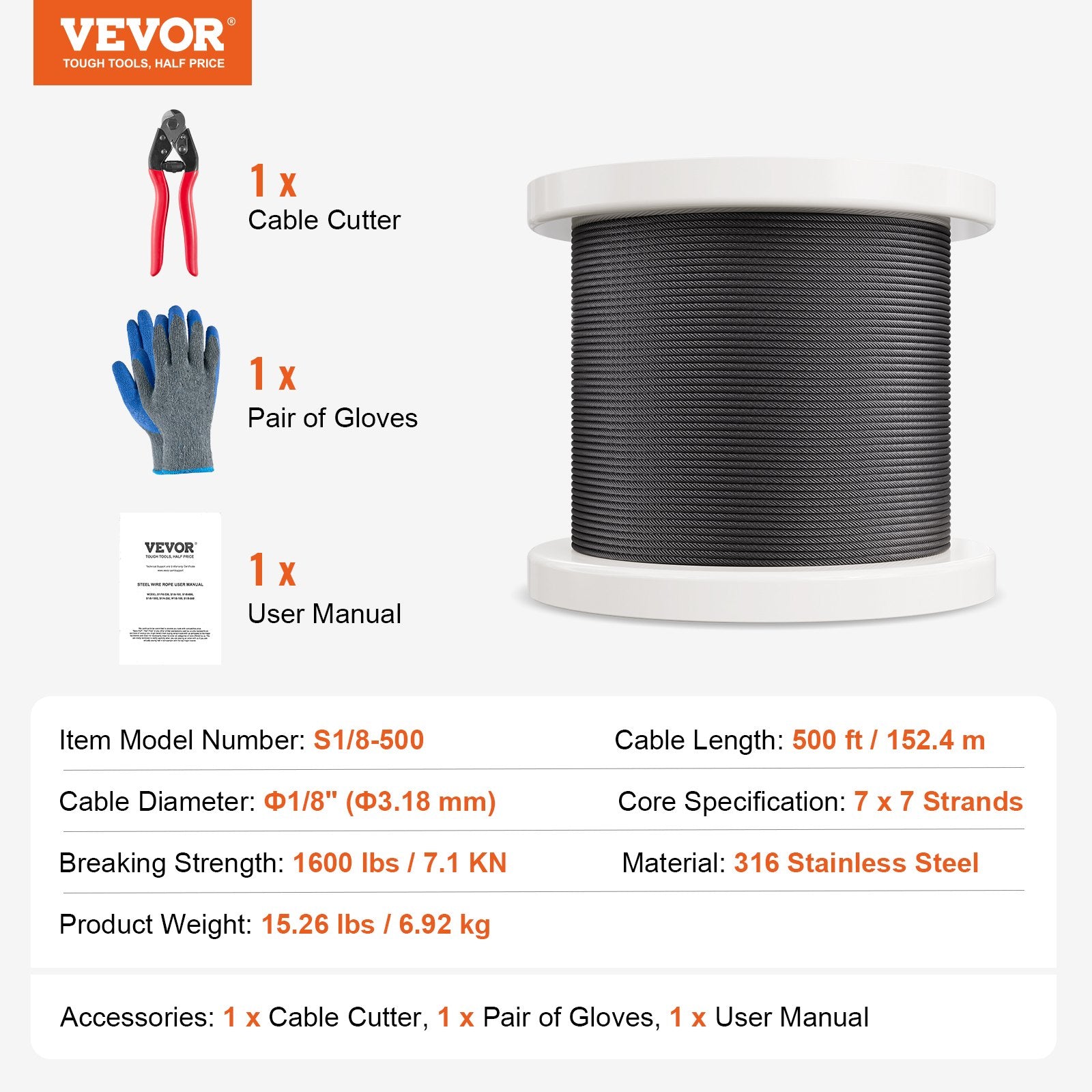 VEVOR T316 Stainless Steel Cable 3.18mm 7x7 Steel Wire Rope 152.4m Cable Railing 7