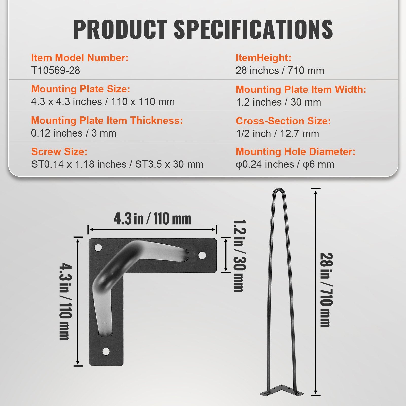 VEVOR 711.2MM Hairpin Furniture Legs, Metal Home DIY Projects for Nightstand, Coffee Table, Desk, 226.8KG Load Capacity with Rubber Floor Protectors, Metal Heavy Duty Sturdy Modern Table Legs, 4PCS 7