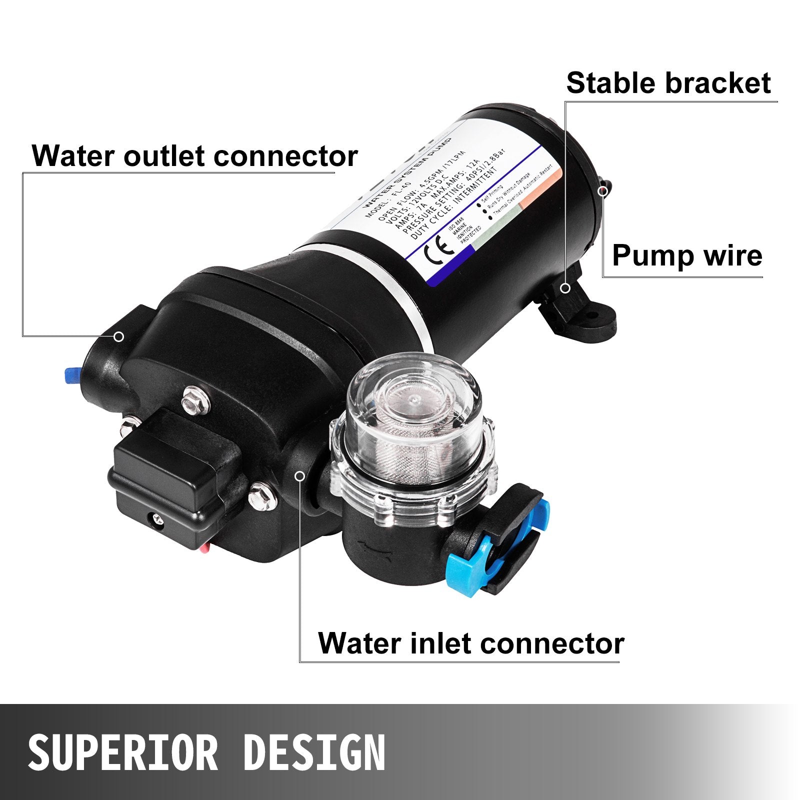 VEVOR Water Pressure Diaphragm Pump, 12V FL-40 High Pressure Diaphragm Water Pump, 40PSI Automatic Self Priming Water Pump, 17L/MIN Misting Booster Sprayer Diaphragm Pump for Caravan Boat RV Garden 3