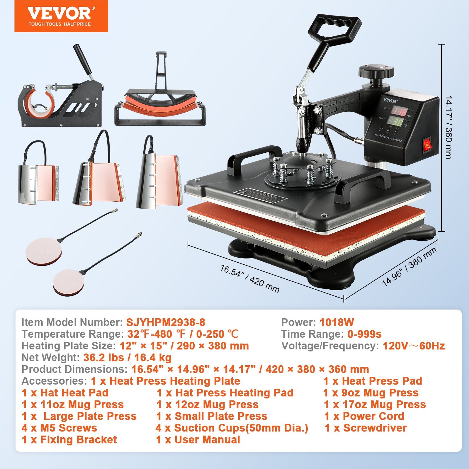 VEVOR 1400W Heat Press Machine 8 In 1 Sublimation Steel Frame Heat Presses with Temperature And Time Control (12X15INCH 8IN1) 6