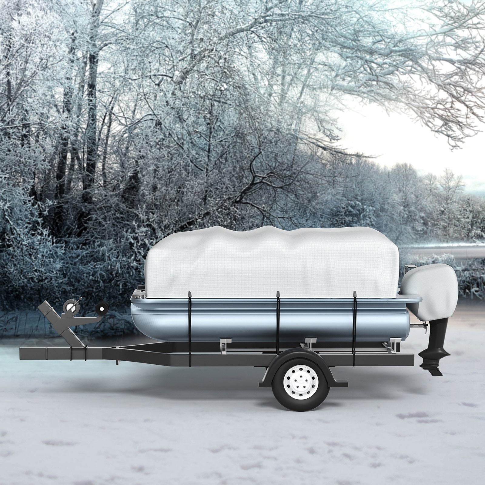 VEVOR Pontoon Boat Cover, Fit for 17\'-20\' Boat, Heavy Duty 600D Marine Grade Oxford Fabric, UV Resistant Waterproof Trailerable Boat Cover with 2 Support Poles and 7 Wind-Proof Straps, Gray 8