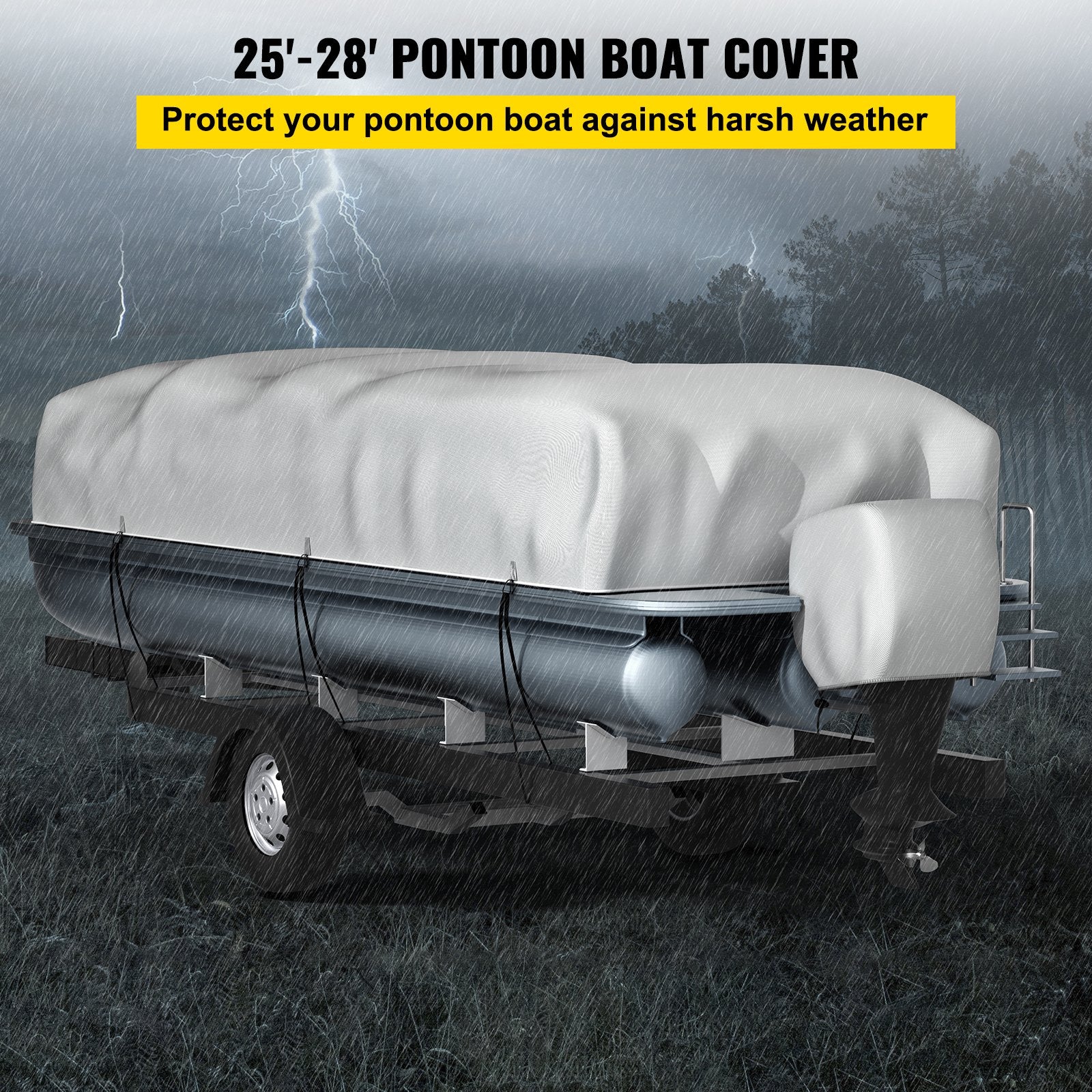 VEVOR Pontoon Boat Cover, Fit for 25\'-28\' Boat, Heavy Duty 600D Marine Grade Oxford Fabric, UV Resistant Waterproof Trailerable Boat Cover with 2 Support Poles and 7 Wind-Proof Straps, Gray