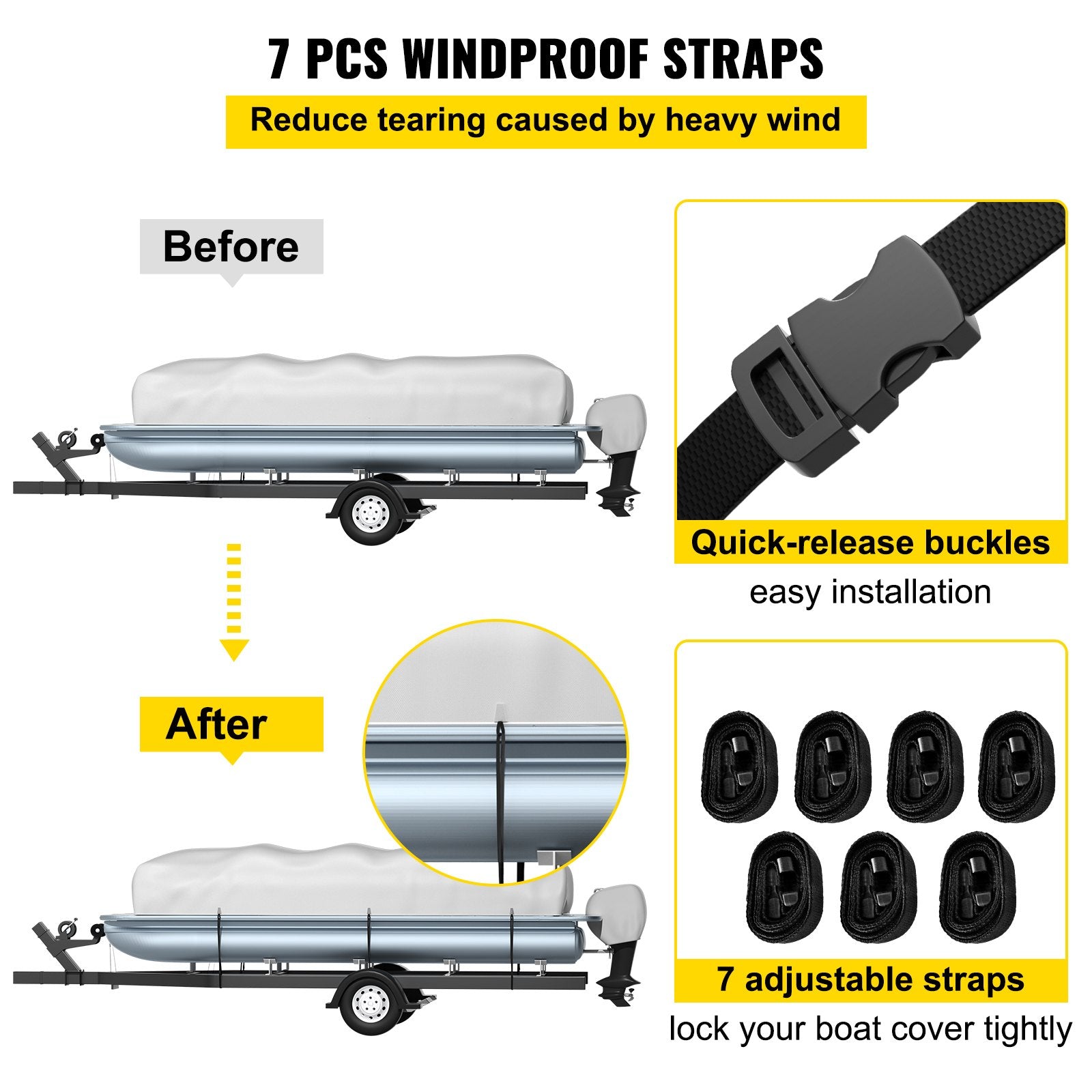 VEVOR Pontoon Boat Cover, Fit for 25\'-28\' Boat, Heavy Duty 600D Marine Grade Oxford Fabric, UV Resistant Waterproof Trailerable Boat Cover with 2 Support Poles and 7 Wind-Proof Straps, Gray 6