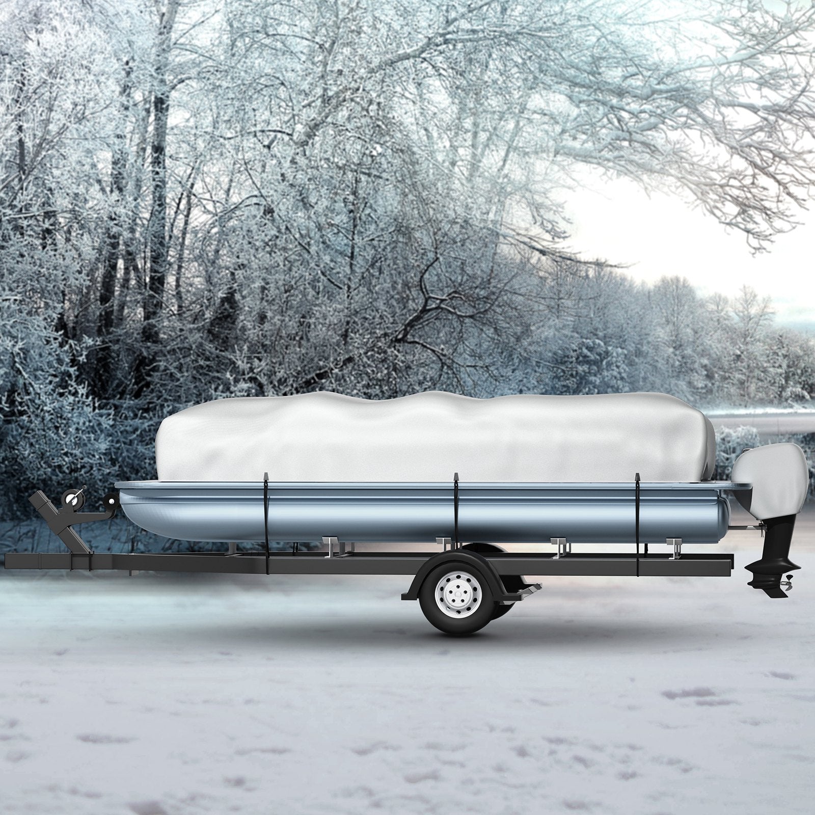 VEVOR Pontoon Boat Cover, Fit for 25\'-28\' Boat, Heavy Duty 600D Marine Grade Oxford Fabric, UV Resistant Waterproof Trailerable Boat Cover with 2 Support Poles and 7 Wind-Proof Straps, Gray 8