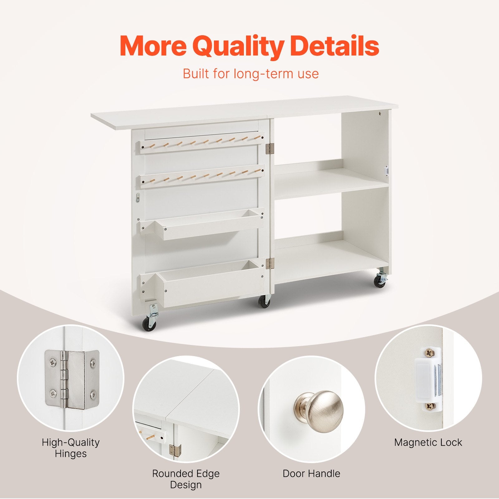 VEVOR Folding Sewing Table with Lockable Wheels Storage Shelves Trays Door White 6