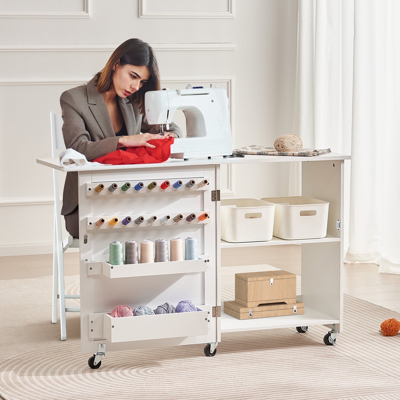 VEVOR Folding Sewing Table with Lockable Wheels Storage Shelves Trays Door White 8