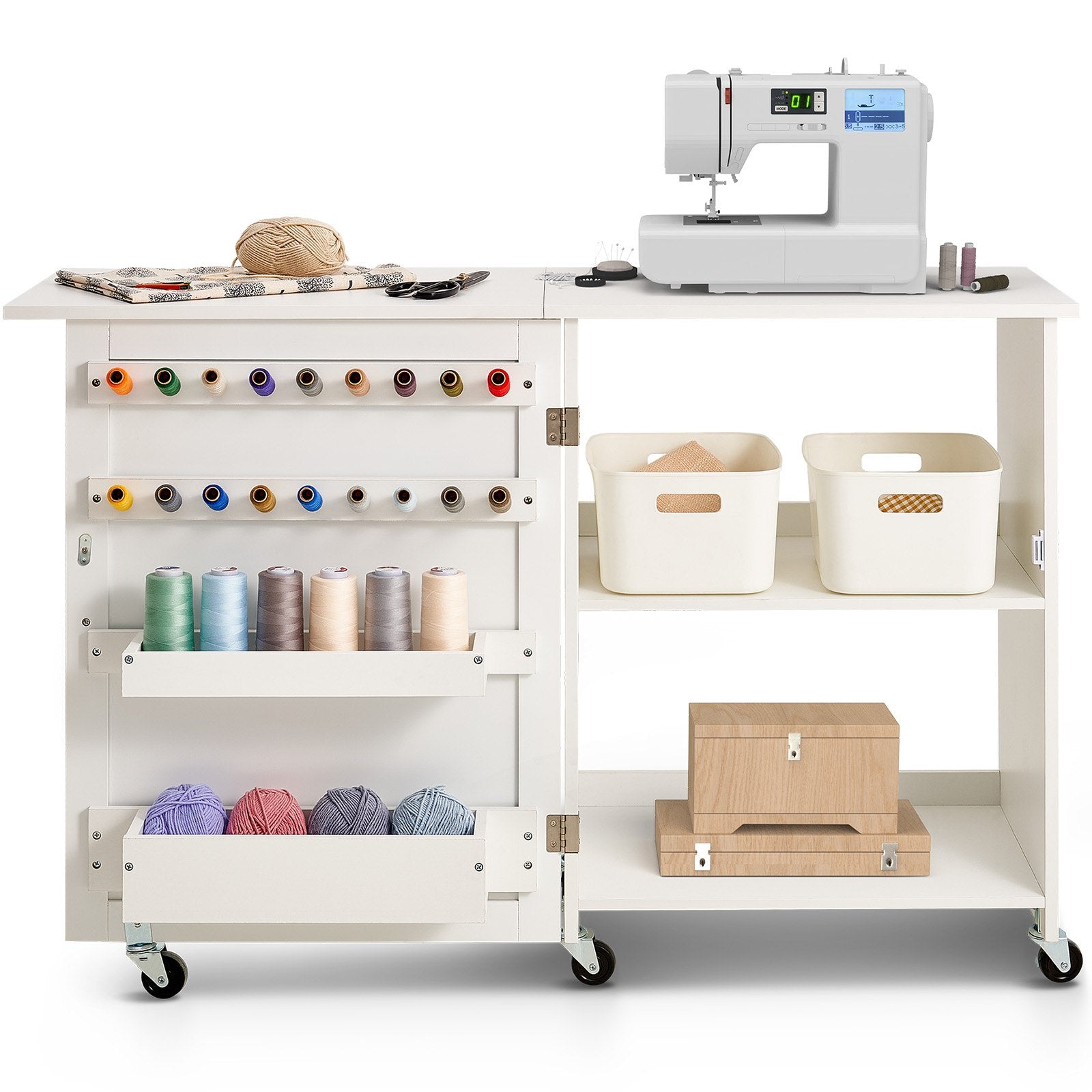 VEVOR Folding Sewing Table with Lockable Wheels Storage Shelves Trays Door White 9