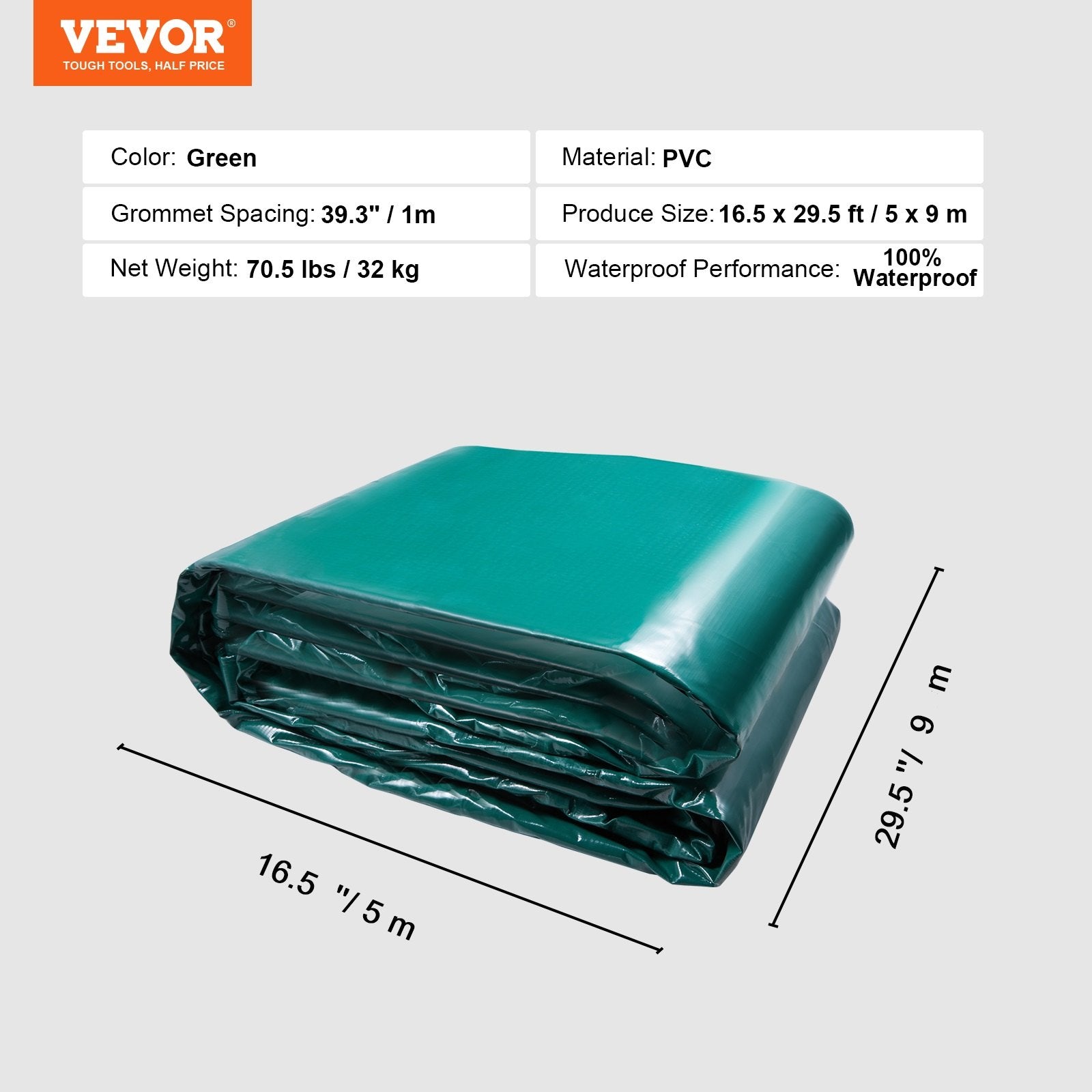 VEVOR PVC Waterproof Tarp, 16.5 x 29.5 ft Heavy Duty PVC Tarpaulin, Tear-Proof and Weather-Proof, with Grommets and Reinforced Edges for Canopy Boat RV Tent Shelter Trailer Truck Cover, Green 7