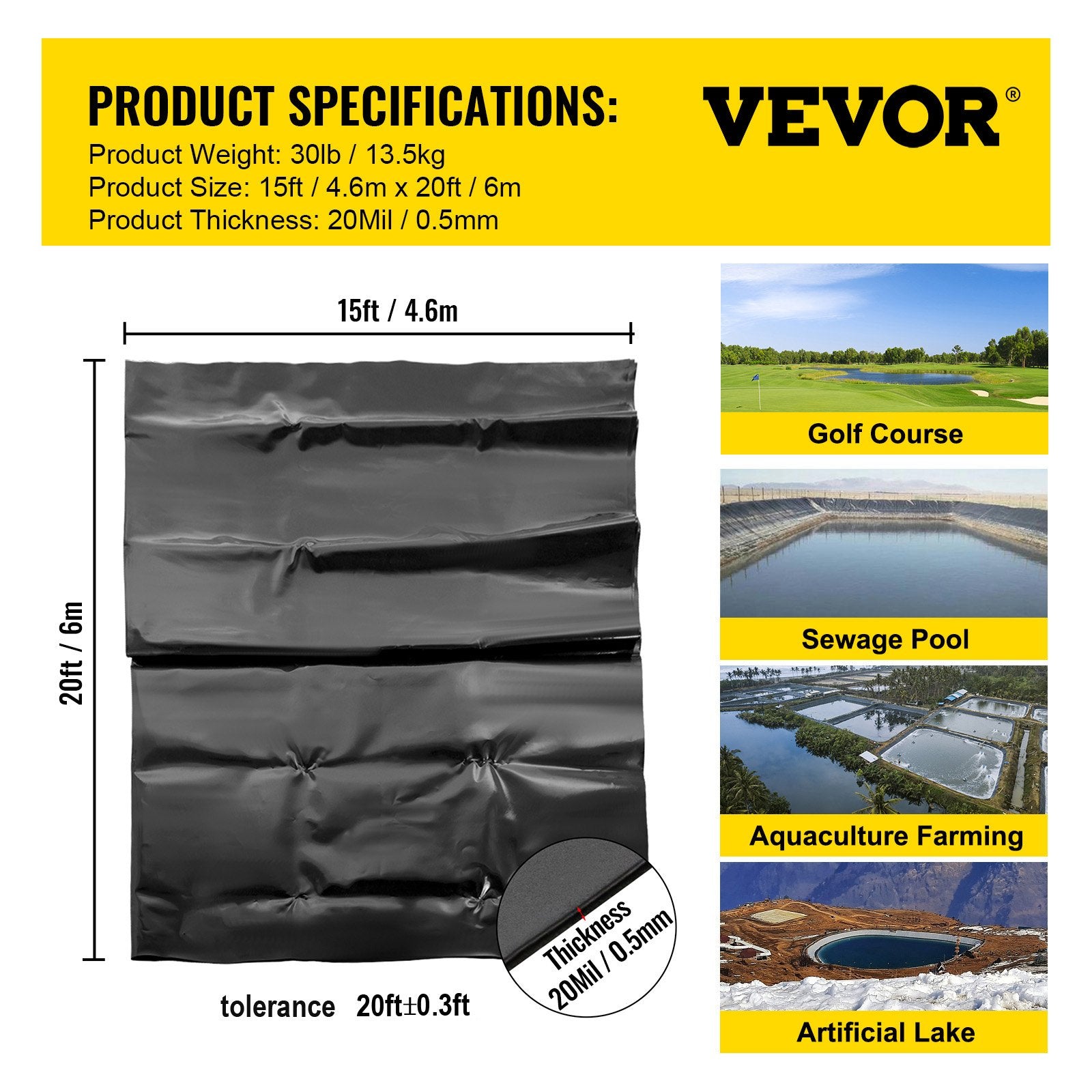 VEVOR LLDPE Pond Liner 15x20 ft, Pond Liner 20 Mil, Fish Pond Liners for Waterfall, Pond and Fish Ponds 7