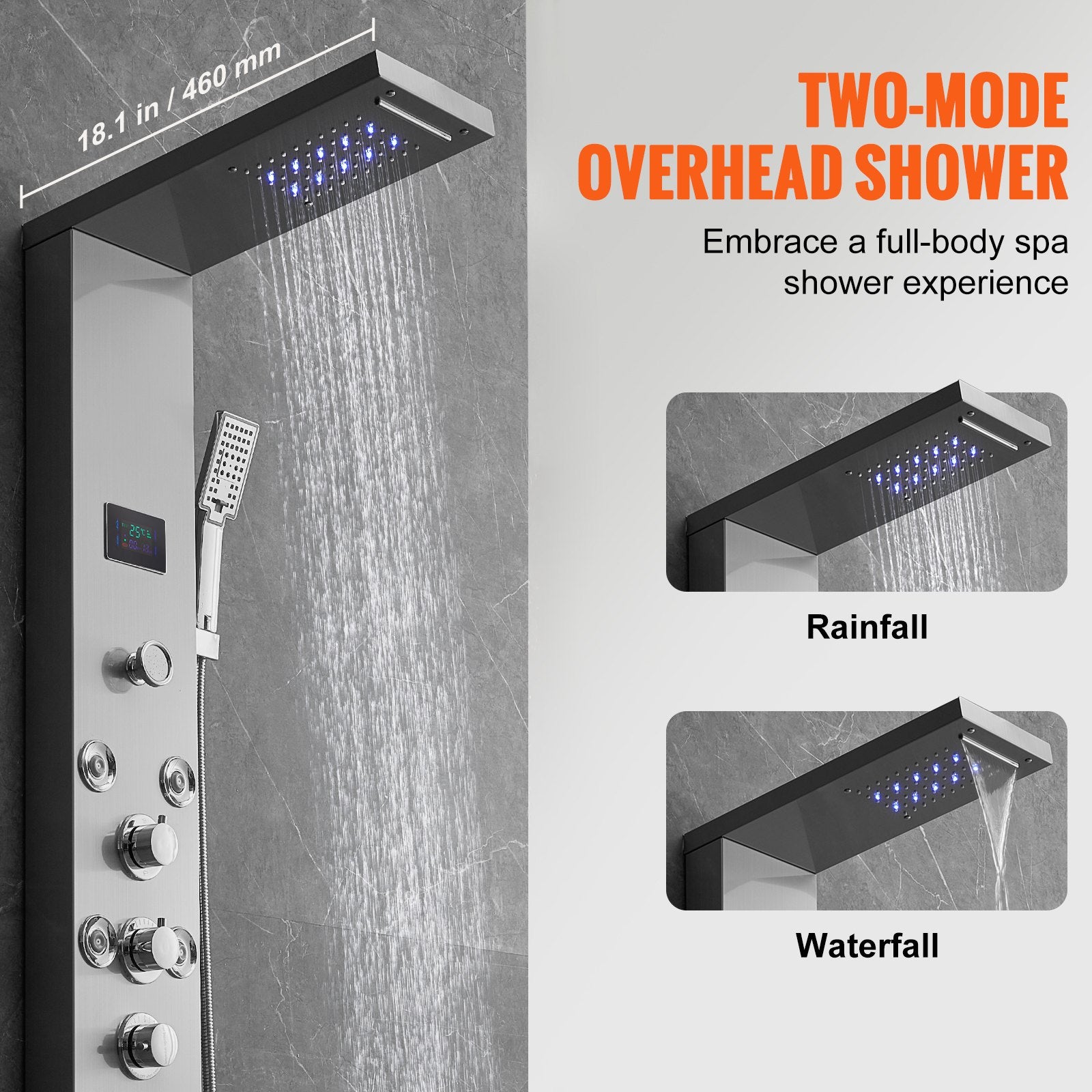 VEVOR Shower Panel System, 6 Shower Modes, LED & Screen Hydroelectricity Shower Panel Tower, Rainfall, Waterfall, 8 Massage Jets, Tub Spout, Handheld Shower, Stainless Steel Wall-Mounted Shower Set 3