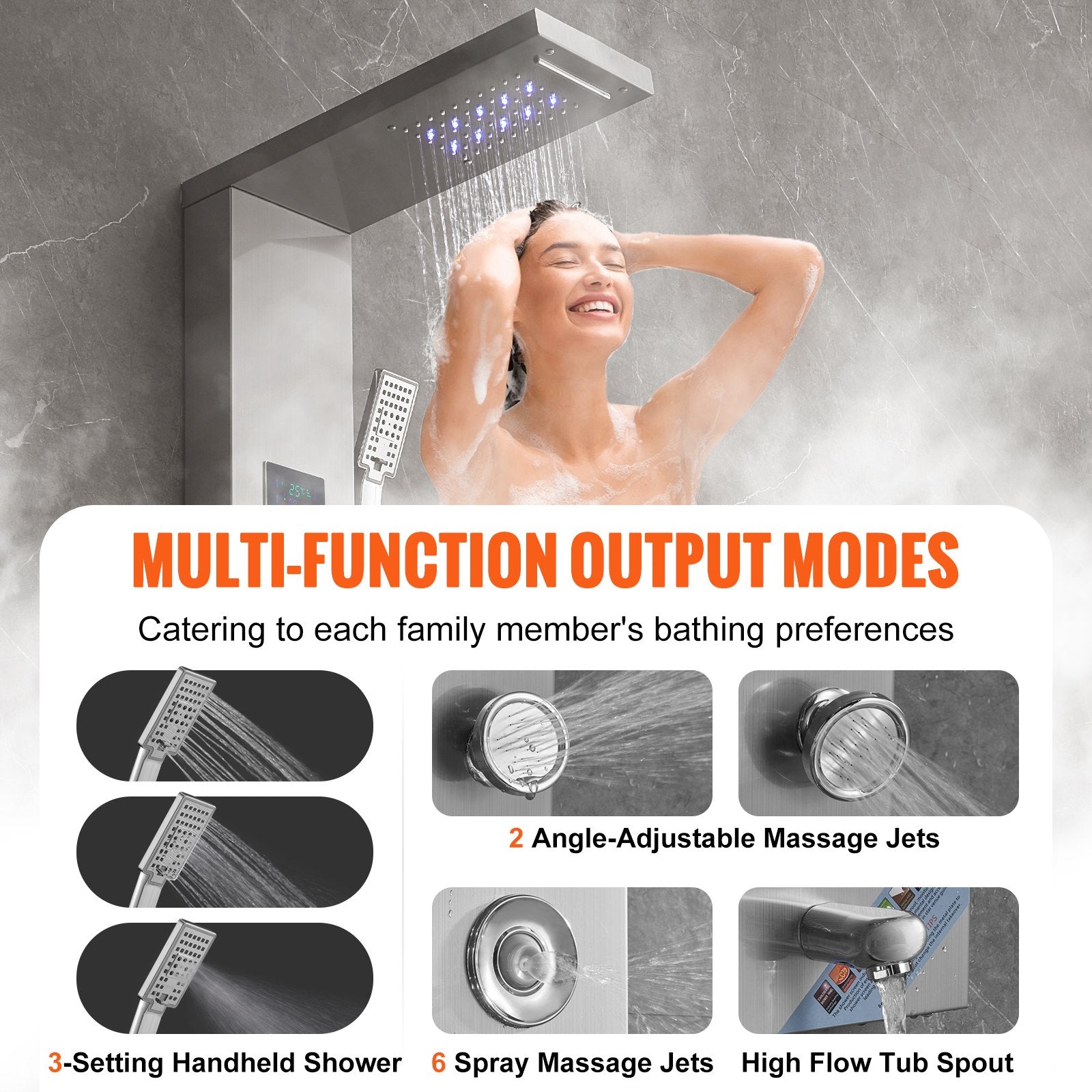 VEVOR Shower Panel System, 6 Shower Modes, LED & Screen Hydroelectricity Shower Panel Tower, Rainfall, Waterfall, 8 Massage Jets, Tub Spout, Handheld Shower, Stainless Steel Wall-Mounted Shower Set 4