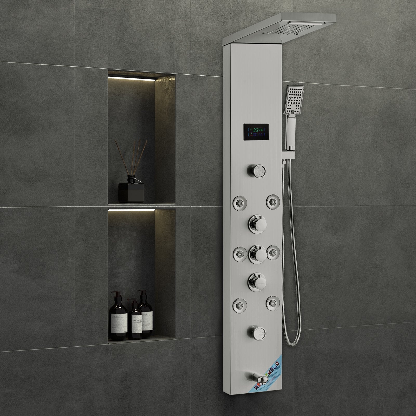 VEVOR Shower Panel System, 6 Shower Modes, LED & Screen Hydroelectricity Shower Panel Tower, Rainfall, Waterfall, 8 Massage Jets, Tub Spout, Handheld Shower, Stainless Steel Wall-Mounted Shower Set 8
