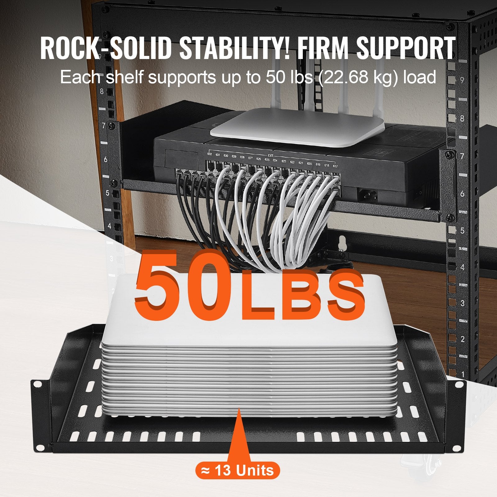 VEVOR 2U Server Rack Shelf 16"/406 mm Depth Vented Rack Mount Shelf with Tray 3