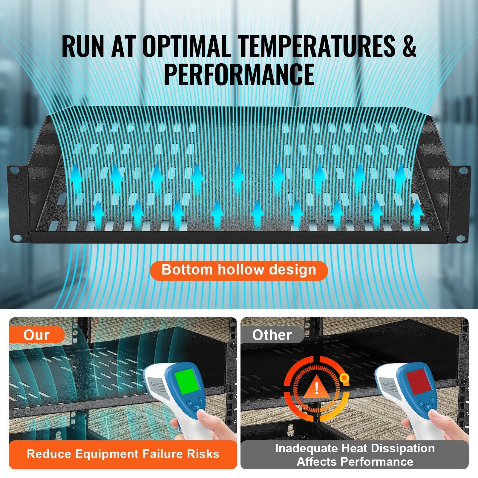 VEVOR 2U Server Rack Shelf 16"/406 mm Depth Vented Rack Mount Shelf with Tray 4