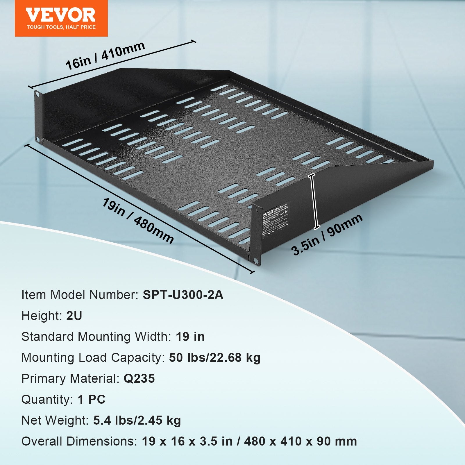 VEVOR 2U Server Rack Shelf 16"/406 mm Depth Vented Rack Mount Shelf with Tray 7