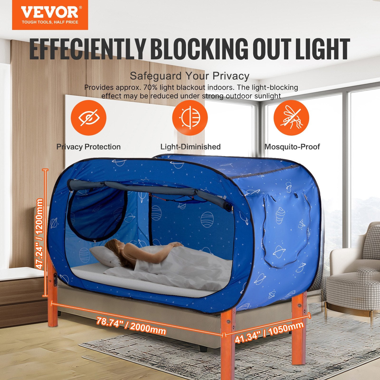 VEVOR Bed Tent, Pongee Fabric, 2 Doors Breathable Dream Tent with 8.5 mm Fiber Poles on Bed Privacy, Full Size Block out Light Sleeping Bed Canopy, Fit for Kids Playhouse and Adults Sleeping Tent