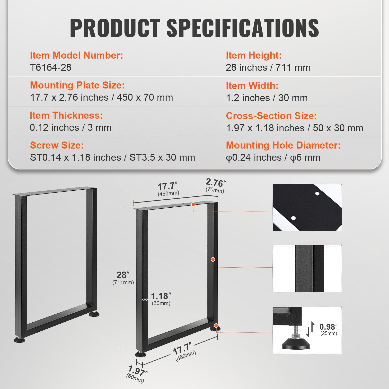 VEVOR 711.2MM Adjustable Furniture Legs, Square Reinforced Steel Office Table legs Set of 2 for DIY, Max Load 453.6KG Heavy Duty Desk Legs, Quick Instalation & Rich Accessories Legs Black 7