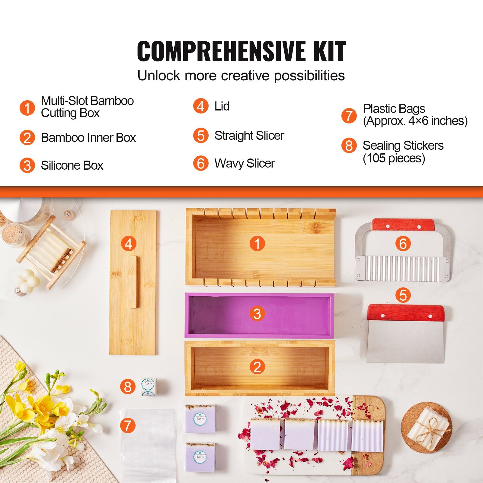 VEVOR Soap Making Kit, Bamboo Cutting Box and Inner Box with Silicone Mold, Stainless Steel Straight Cutter and Wavy Cutter, 100 Bags and 105 Stickers, Soap Making Supplies DIY Kits for Adults 3