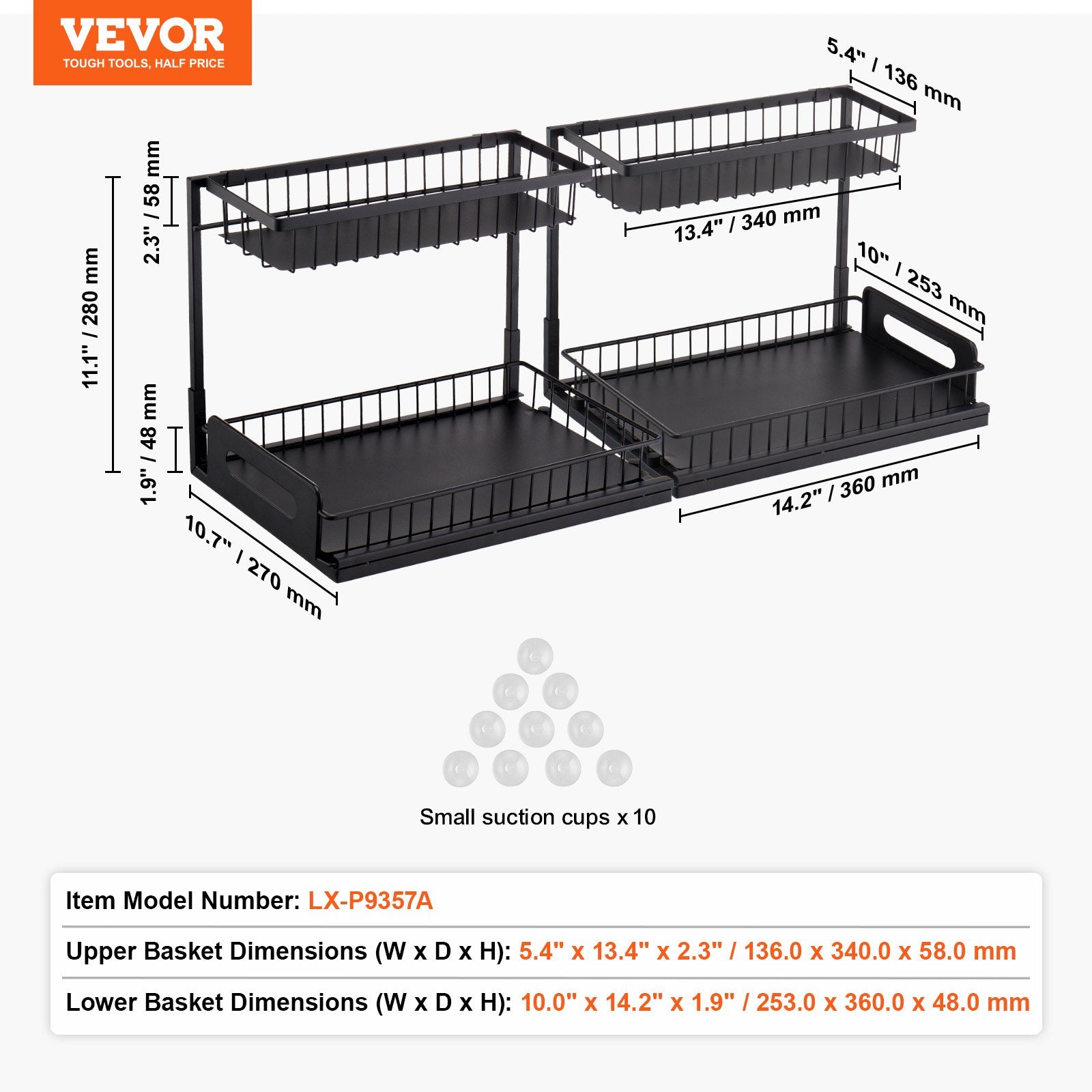 VEVOR 2-Tier Wire Pull Out Cabinet Under Sink Basket Organizer 10.7"x14.2" 2PCS 7