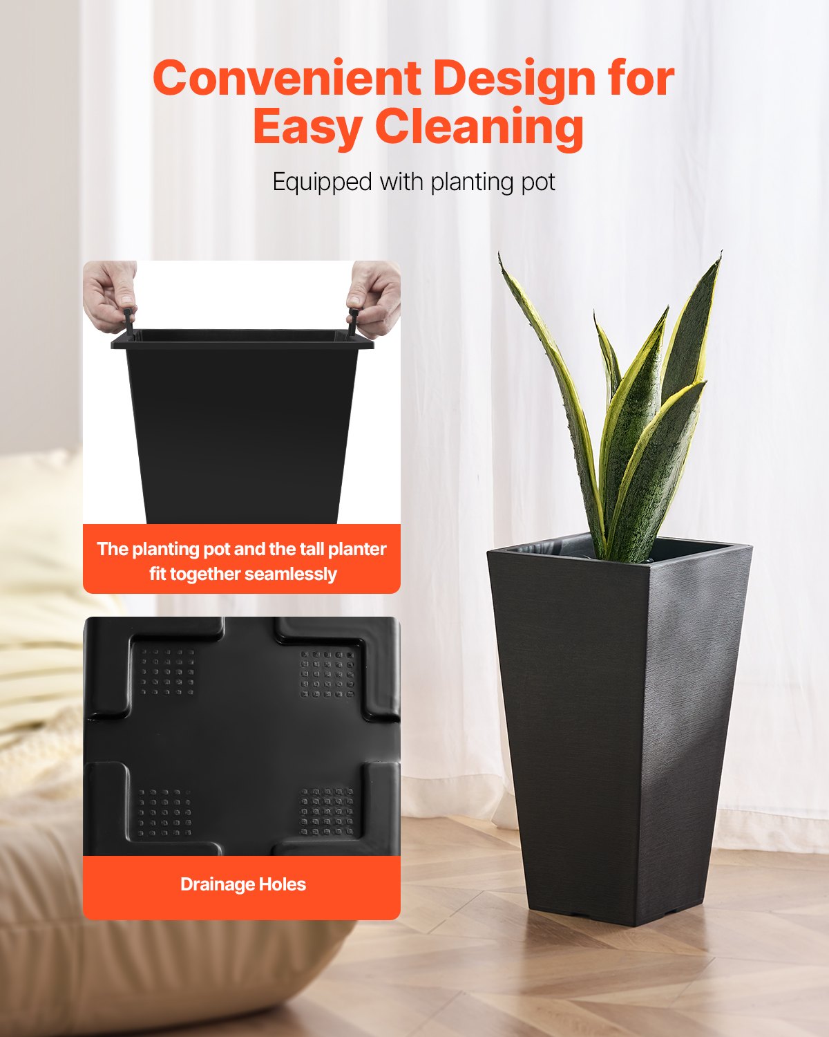 VEVOR Tall Planter, Set of 2 Tall Square Tapered Planters, 57 cm Large Modern Gardening and Flower Plastic Pots, Decorative Tall Black Planter with Drainage Hole, for Porch, Patio, Indoor & Outdoor