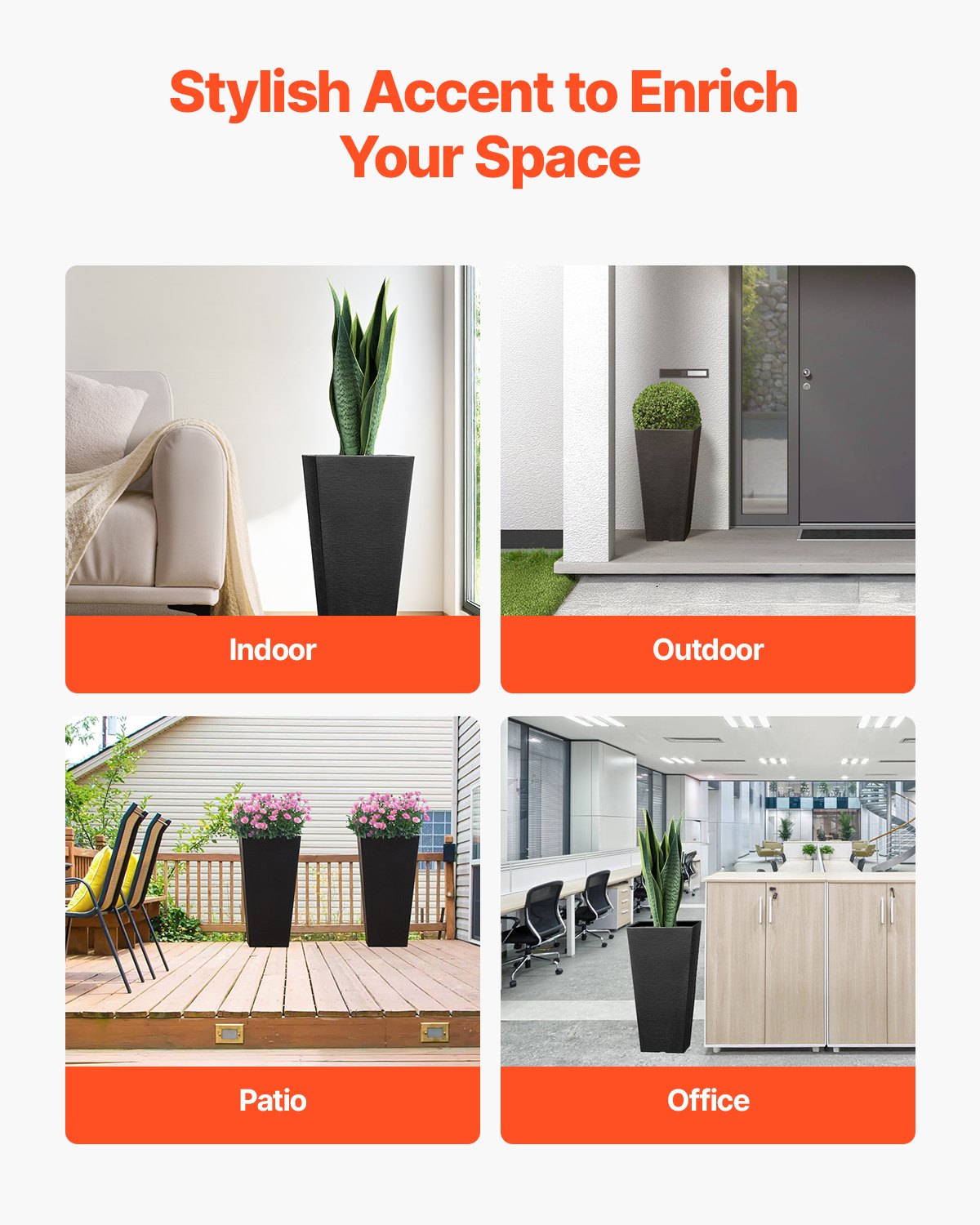 VEVOR Tall Planter, Set of 2 Tall Square Tapered Planters, 57 cm Large Modern Gardening and Flower Plastic Pots, Decorative Tall Black Planter with Drainage Hole, for Porch, Patio, Indoor & Outdoor 5