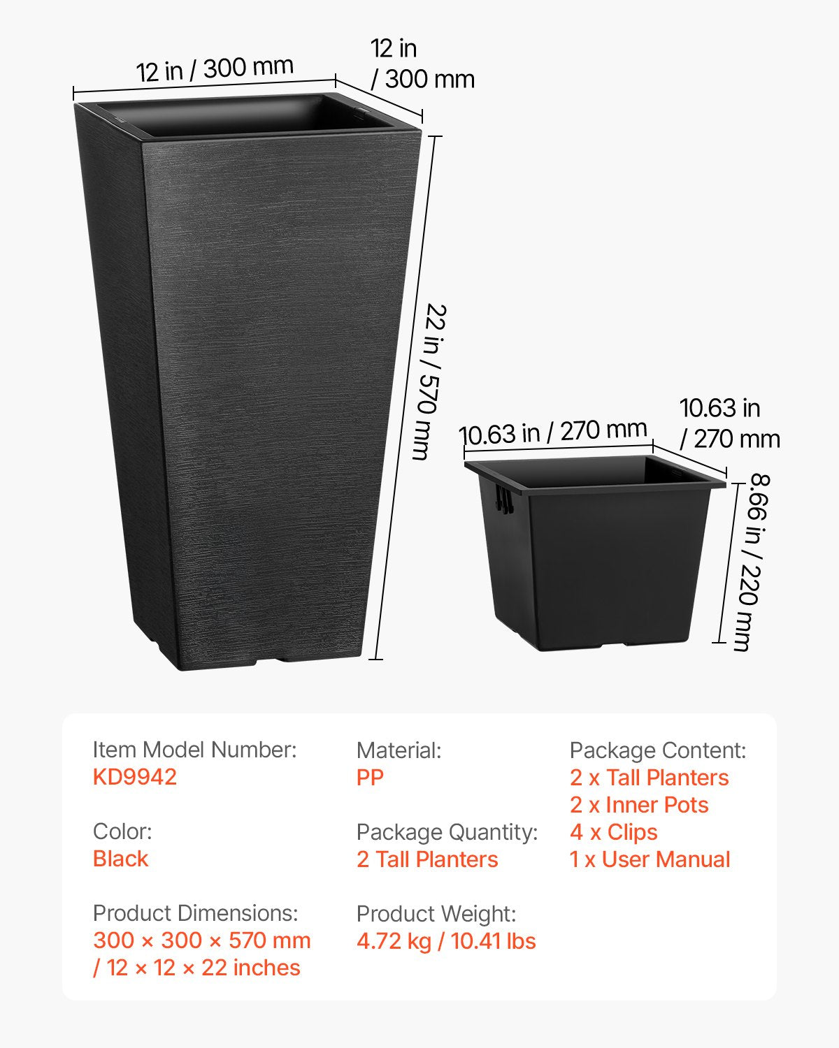 VEVOR Tall Planter, Set of 2 Tall Square Tapered Planters, 57 cm Large Modern Gardening and Flower Plastic Pots, Decorative Tall Black Planter with Drainage Hole, for Porch, Patio, Indoor & Outdoor 7