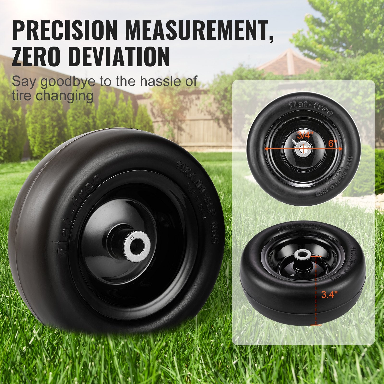 VEVOR Lawn Mower Tires with Rim, 11x4-7" Tubeless Tractor Tires, 2-Pack Tire and Wheel Assemby, Flat-free PU Tire, 3.4" Centered Hub, 3/4" Bushing Size, 20 PCS Adapters for Riding Mowers Lawn Tractors 3