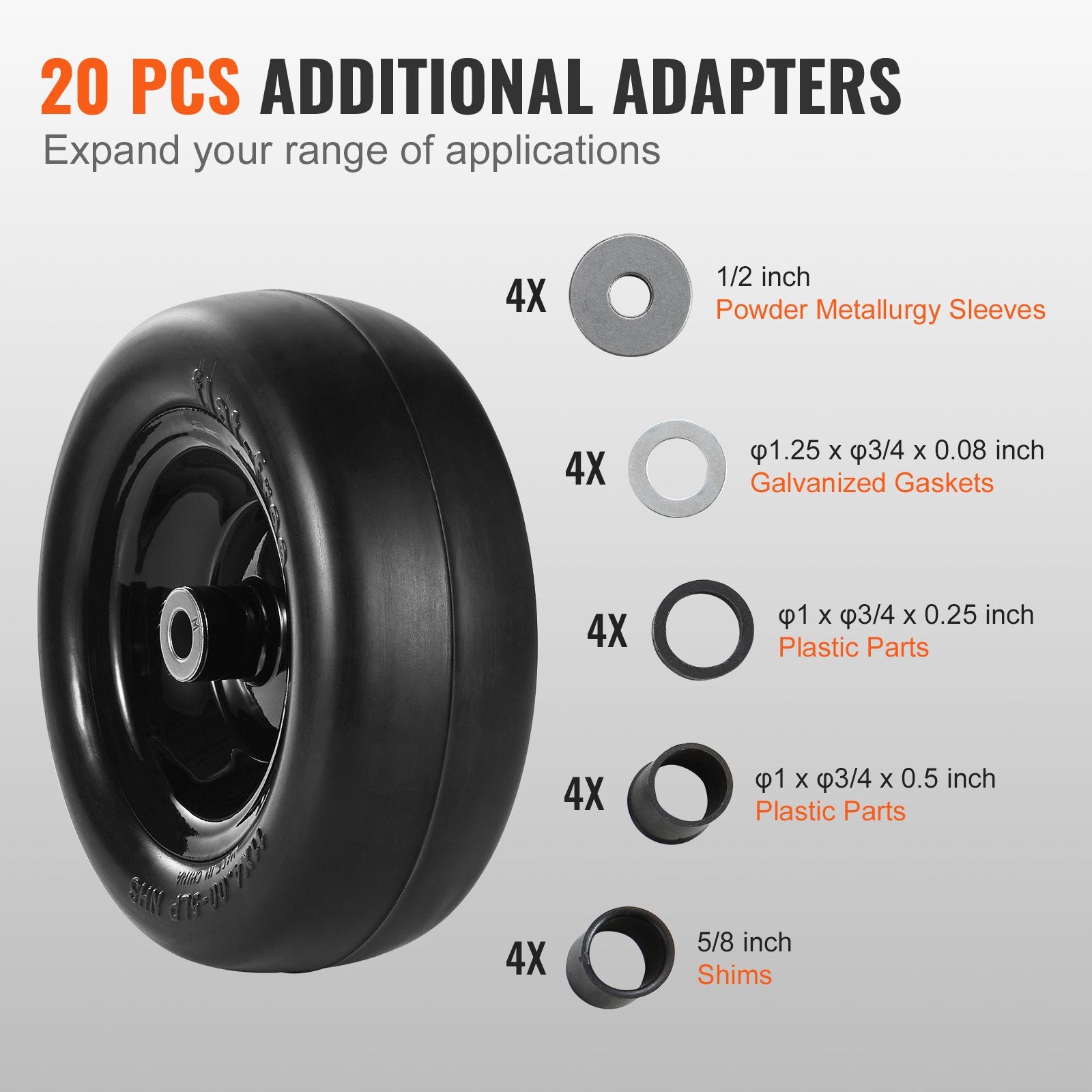 VEVOR Lawn Mower Tires with Rim, 11x4-7" Tubeless Tractor Tires, 2-Pack Tire and Wheel Assemby, Flat-free PU Tire, 3.4" Centered Hub, 3/4" Bushing Size, 20 PCS Adapters for Riding Mowers Lawn Tractors 6
