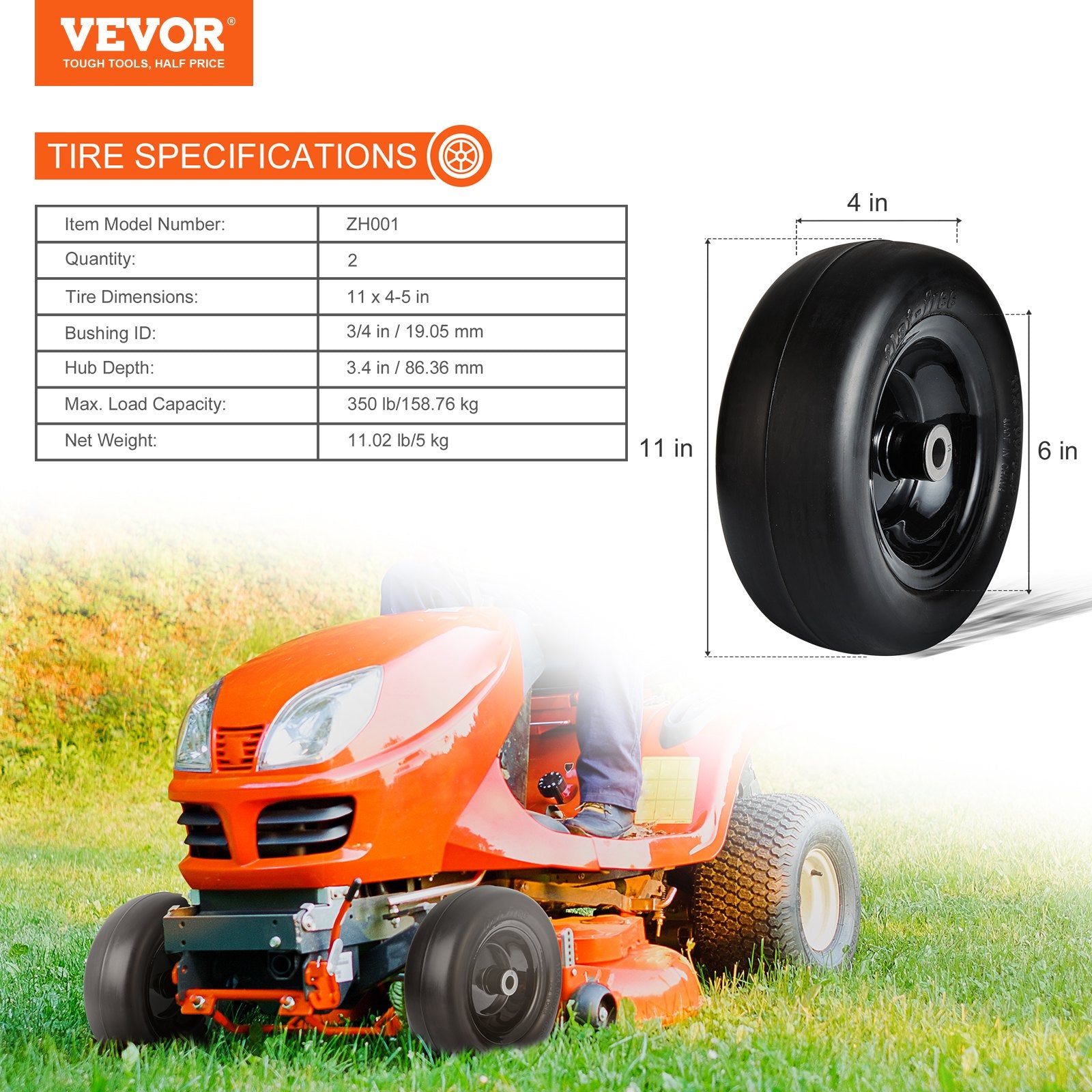 VEVOR Lawn Mower Tires with Rim, 11x4-7" Tubeless Tractor Tires, 2-Pack Tire and Wheel Assemby, Flat-free PU Tire, 3.4" Centered Hub, 3/4" Bushing Size, 20 PCS Adapters for Riding Mowers Lawn Tractors 7