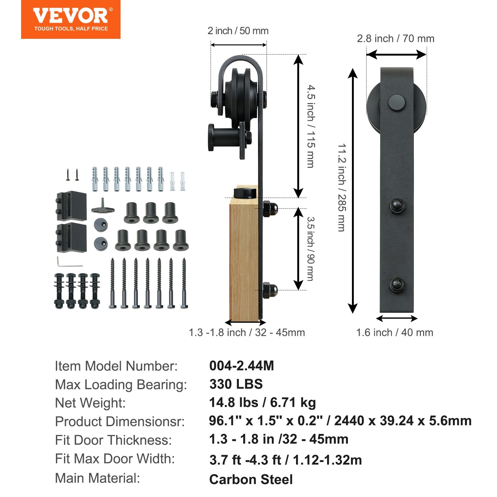 VEVOR 8FT Sliding Barn Door Hardware Closet Track Kit for Single Door J Hanger 7