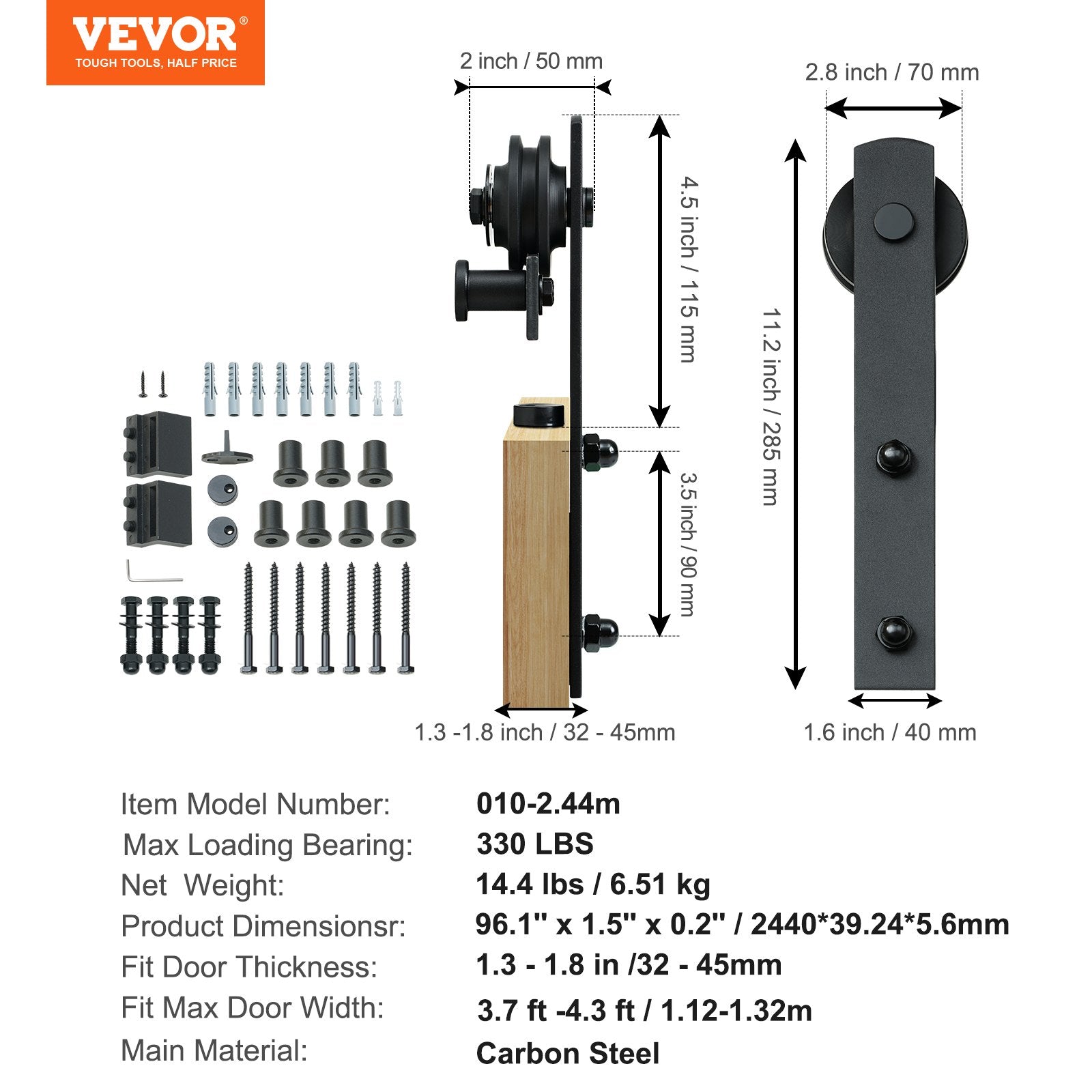 VEVOR 8FT Sliding Barn Door Hardware Closet Track Kit for Single Door I Hanger 7