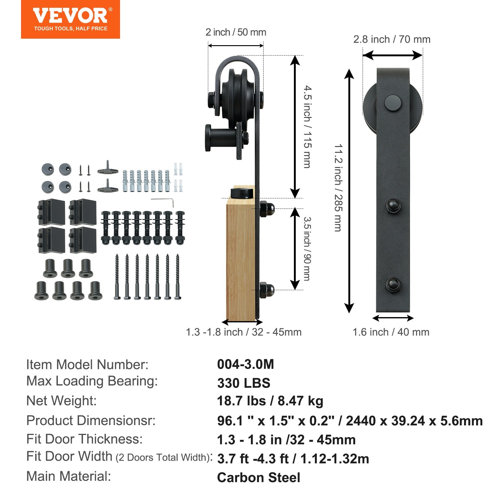 VEVOR 2440 mm Sliding Barn Door Hardware Closet Track Kit for Double Doors J Hanger 7