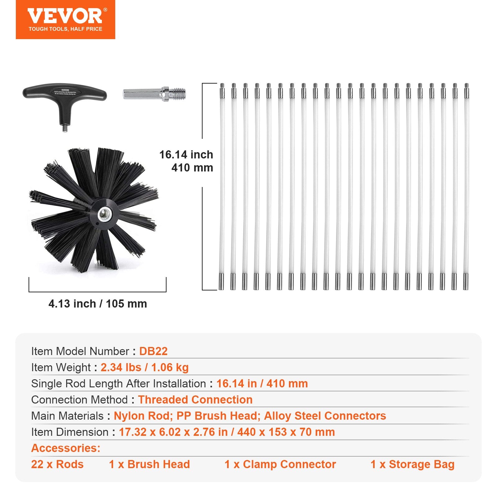 VEVOR 914.4CM Dryer Vent Cleaner Kit, 22 Pieces Duct Cleaning Brush, Reinforced Nylon Dryer Vent Brush, Dryer Cleaning Tools Lint Remover with Flexible Lint Trap Brush, Clamp Connectors 6