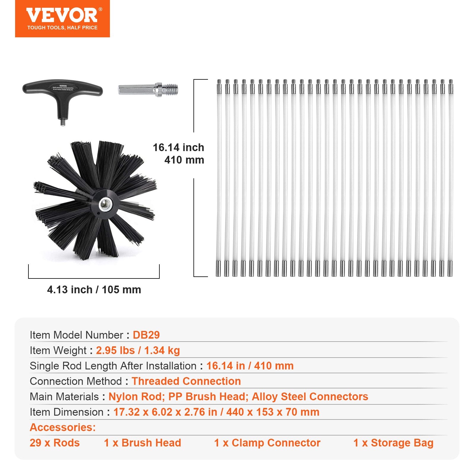 VEVOR 12.2M Dryer Vent Cleaner Kit, 29 Pieces Duct Cleaning Brush, Reinforced Nylon Dryer Vent Brush, Dryer Cleaning Tools Lint Remover with Flexible Lint Trap Brush, Clamp Connectors 7