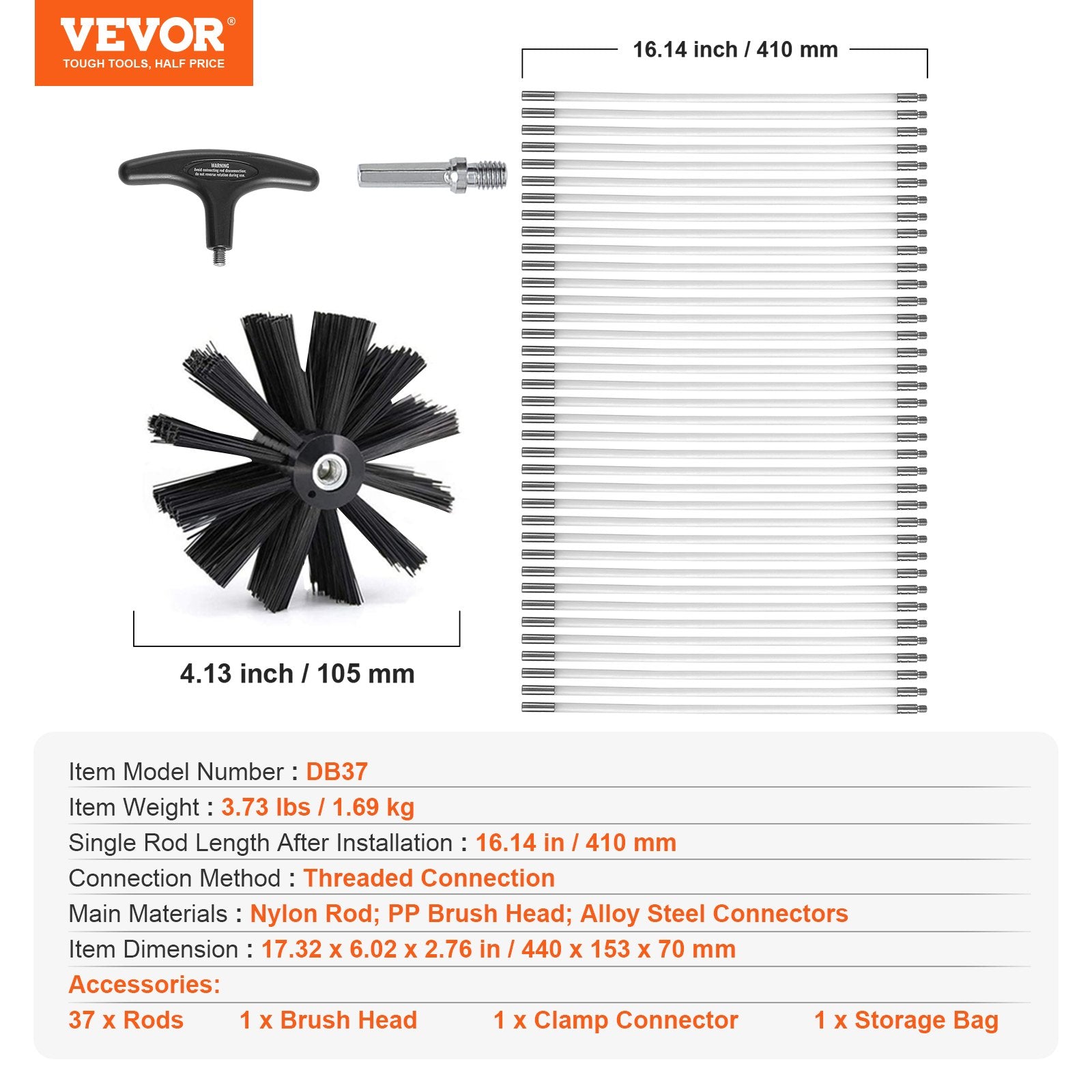 VEVOR 15.24M Dryer Vent Cleaner Kit, 37 Pieces Duct Cleaning Brush, Reinforced Nylon Dryer Vent Brush, Dryer Cleaning Tools Lint Remover with Flexible Lint Trap Brush, Clamp Connectors 6