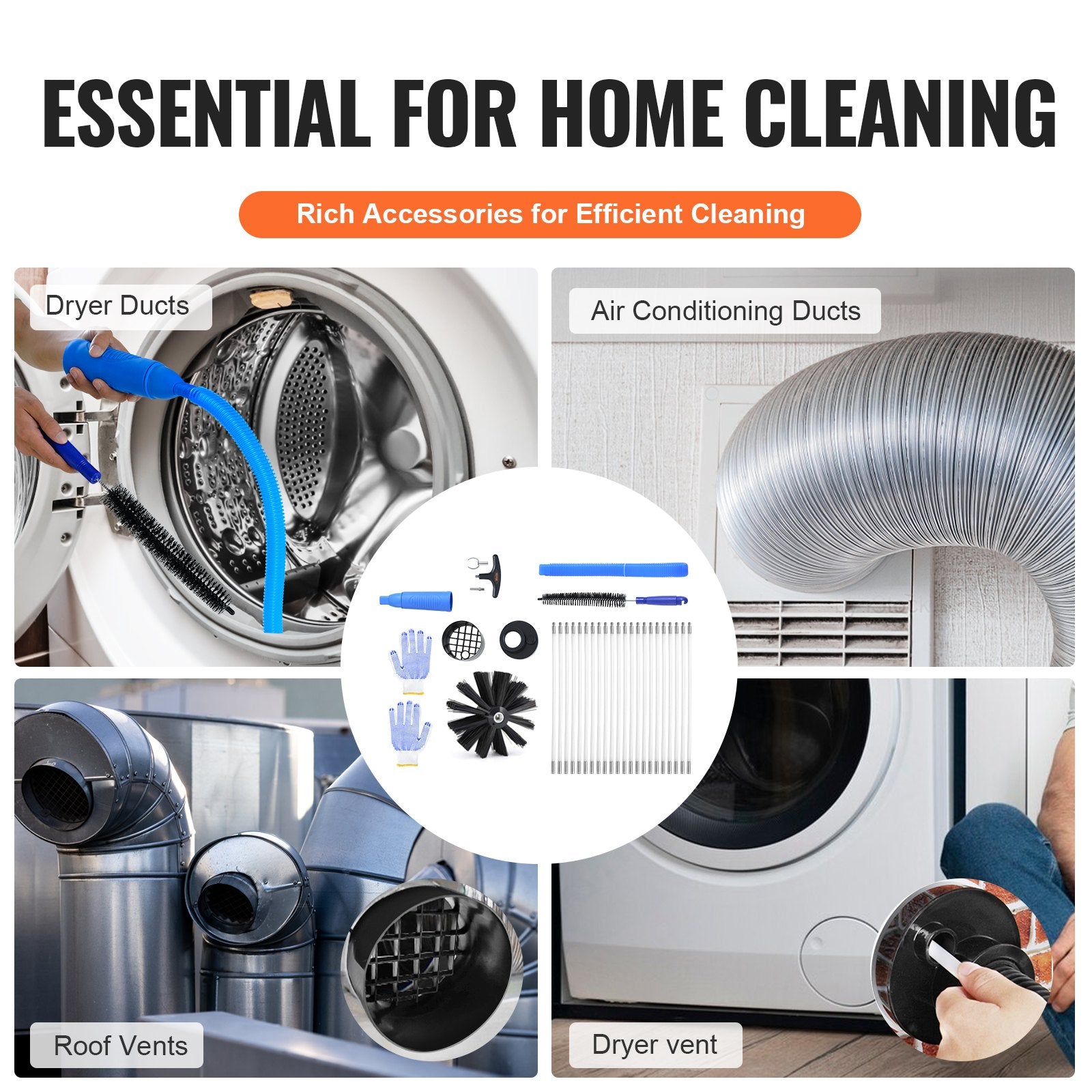 VEVOR 914.4CM Dryer Vent Cleaner Kit, 22 Pieces Duct Cleaning Brush, Reinforced Nylon Dryer Vent Brush with Complete Accessories, Dryer Cleaning Kit with Flexible Lint Trap Brush, Clamp Connectors 6