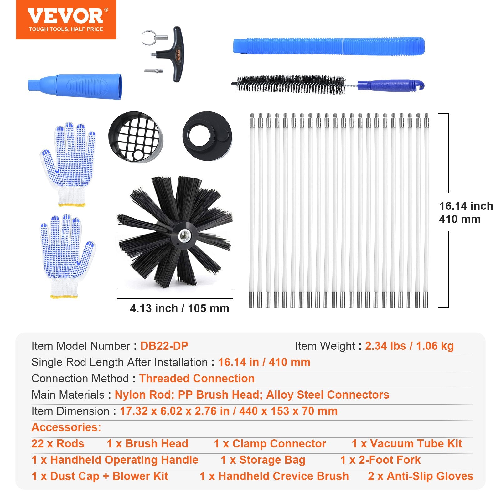 VEVOR 914.4CM Dryer Vent Cleaner Kit, 22 Pieces Duct Cleaning Brush, Reinforced Nylon Dryer Vent Brush with Complete Accessories, Dryer Cleaning Kit with Flexible Lint Trap Brush, Clamp Connectors 7