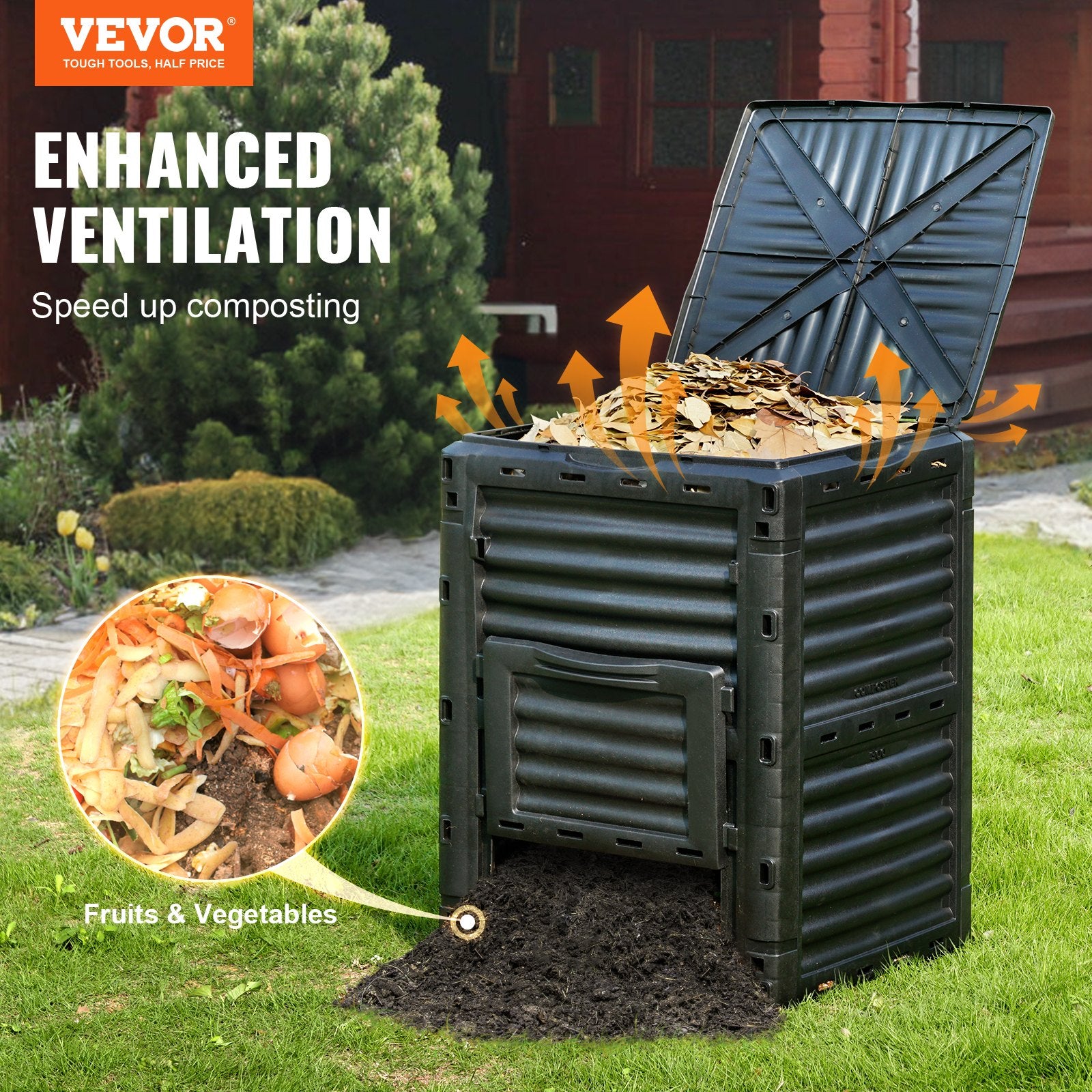 VEVOR Garden Compost Bin 300 L, BPA Free Composter, Large Capacity Outdoor Composting Bin with Top Lid and Bottom Door, Easy Assembling, Lightweight, Fast Creation of Fertile Soil