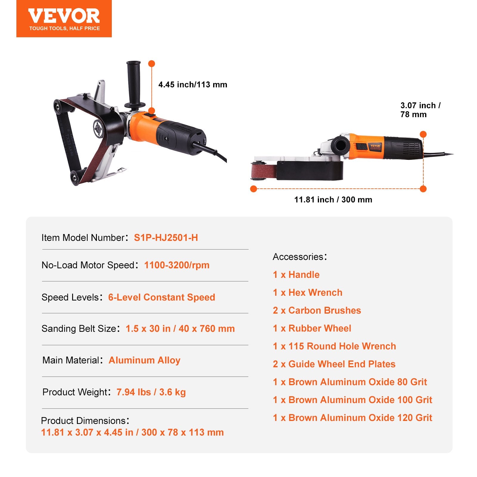 VEVOR Pipe Tube Polisher Sander, 1300W Pipe Belt Sander with 6 Variable Speeds 1100-3200rpm, Professional Belt Sander Grinding Machine with 3PCS Sanding Belts for Burnishing Finishing Rust Removal 7