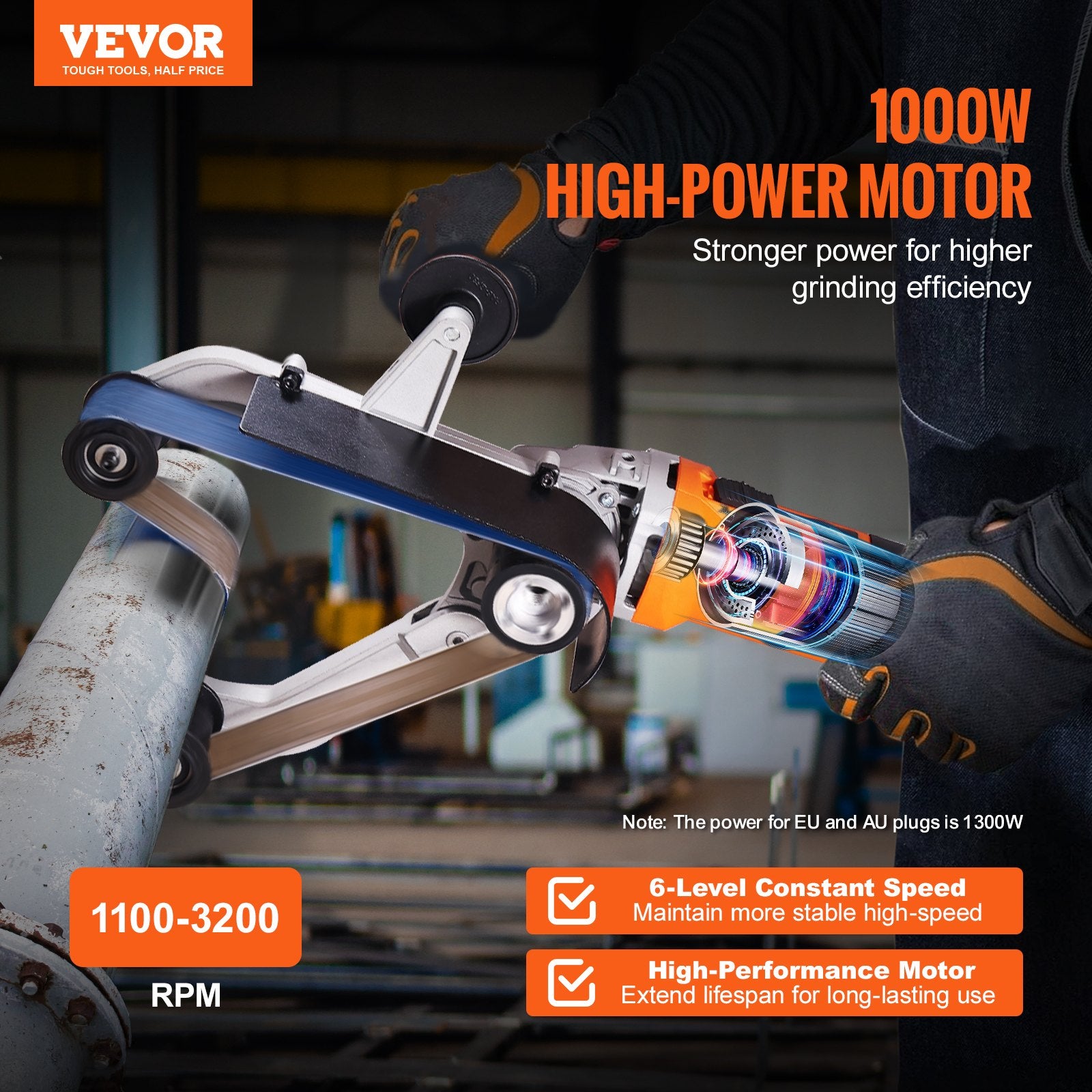 VEVOR Pipe Tube Polisher Sander, 1300W Pipe Belt Sander with 6 Variable Speeds 1100-3200rpm, Professional Belt Sander Grinding Machine with 50PCS Sanding Belts for Burnishing Finishing Rust Removal