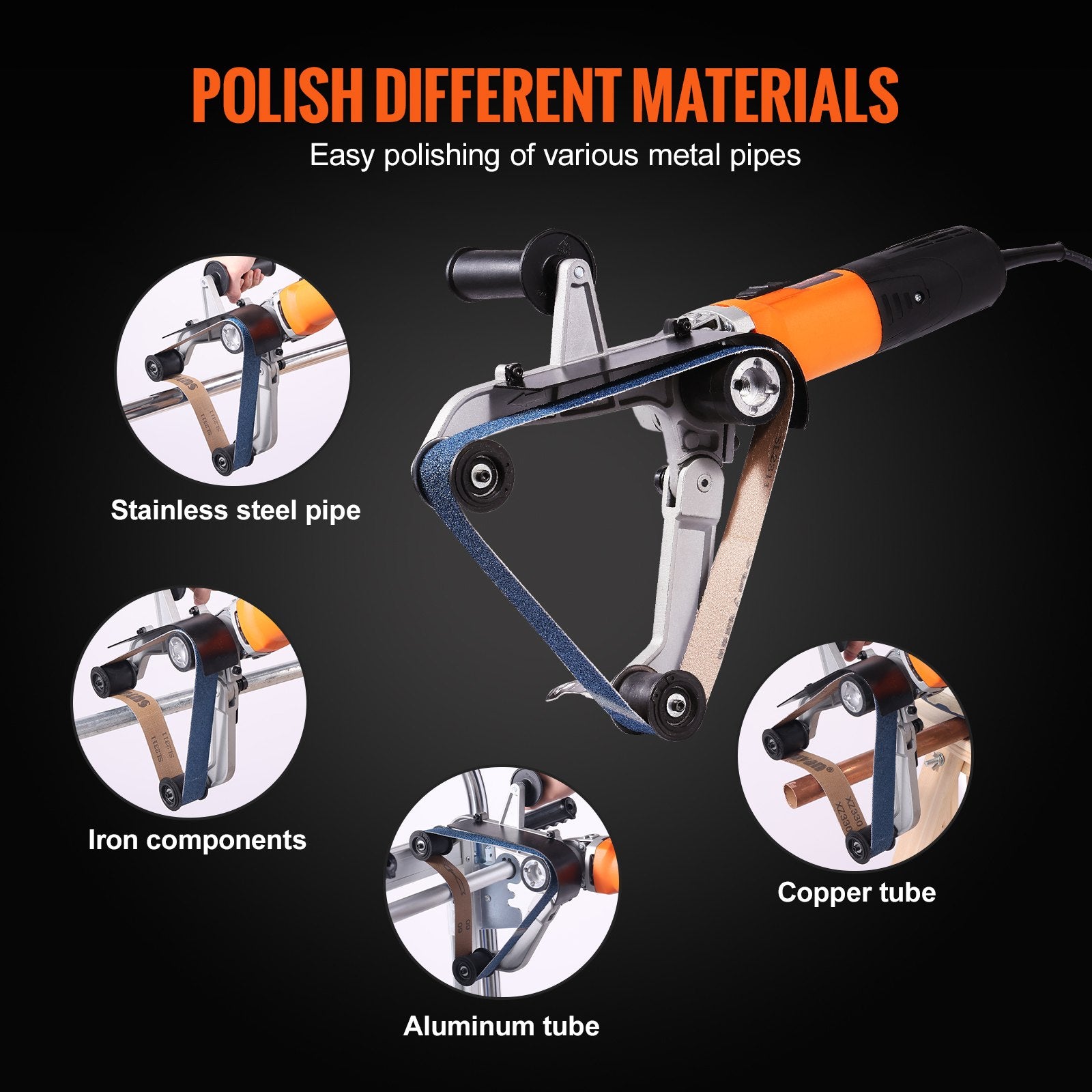 VEVOR Pipe Tube Polisher Sander, 1300W Pipe Belt Sander with 6 Variable Speeds 1100-3200rpm, Professional Belt Sander Grinding Machine with 50PCS Sanding Belts for Burnishing Finishing Rust Removal 6