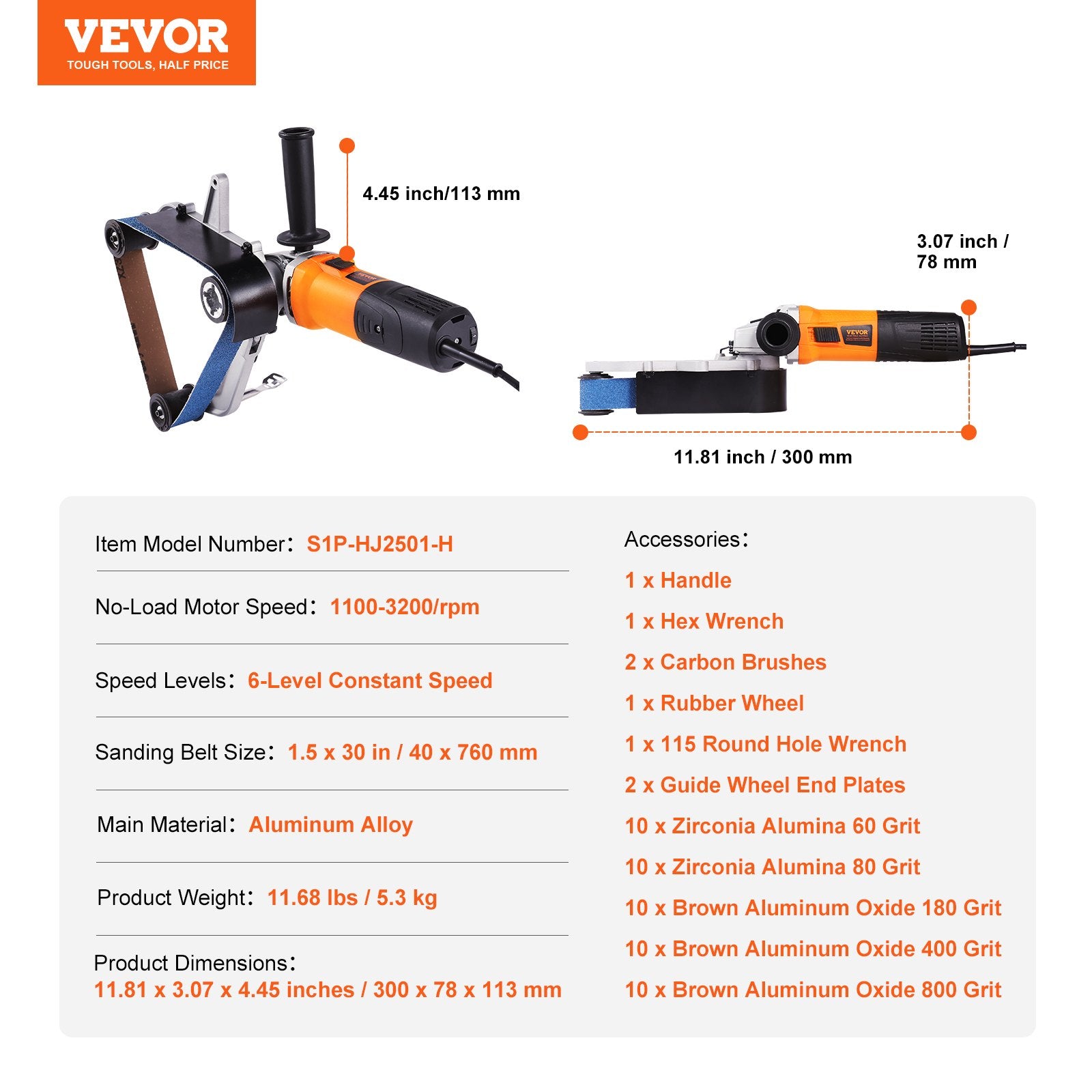 VEVOR Pipe Tube Polisher Sander, 1300W Pipe Belt Sander with 6 Variable Speeds 1100-3200rpm, Professional Belt Sander Grinding Machine with 50PCS Sanding Belts for Burnishing Finishing Rust Removal 7