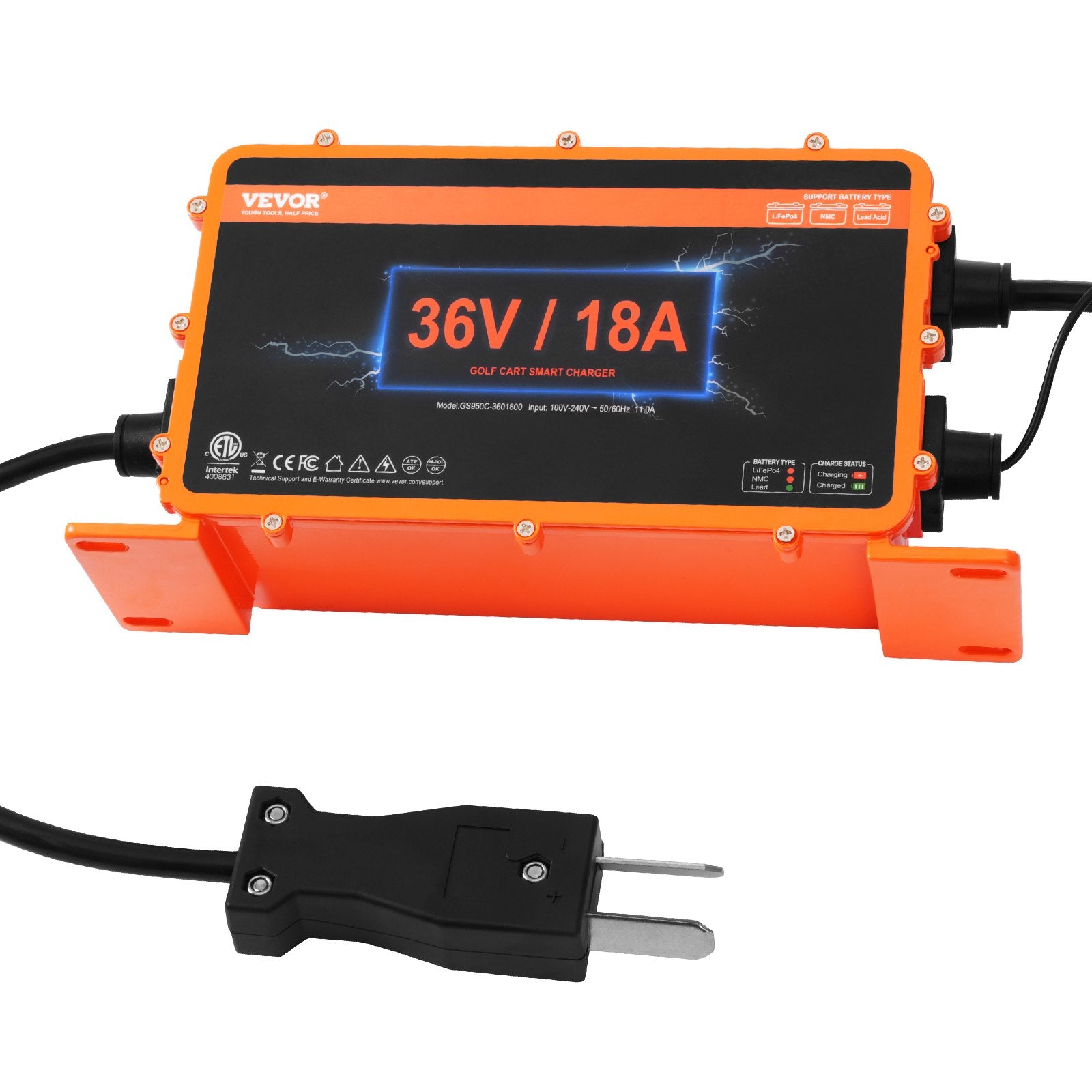 VEVOR Golf Cart Battery Charger, 18 AMP, Smart Club Car Charger with Crowfoot Plug, Compatible with Lead-Acid AGM/GEL/EFB MF NMC LiFePO4 Batteries for Club Car EZGO Yamaha, IP67 ETL Certified 7