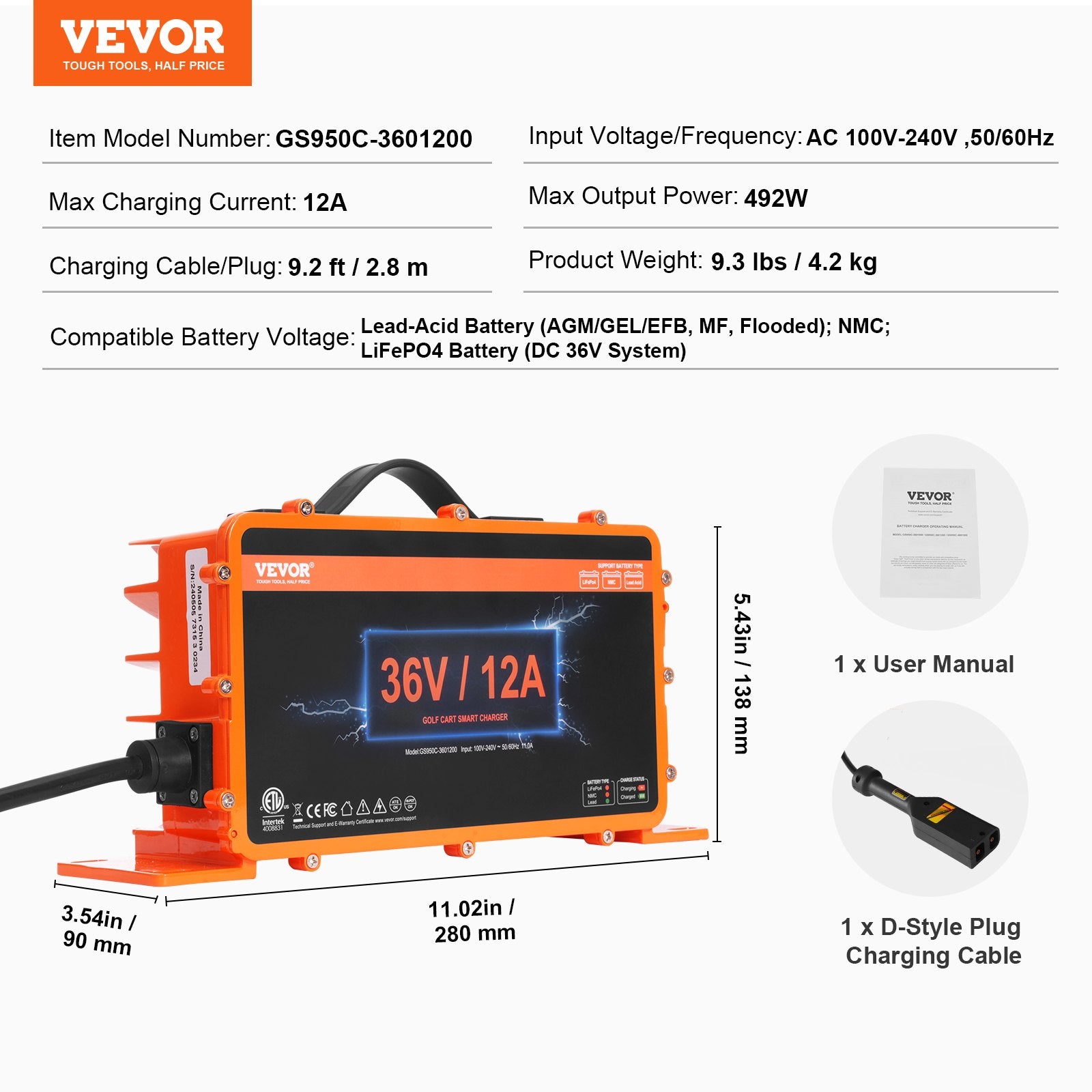 VEVOR 12 AMP Golf Cart Smart Battery Charger for EZGO D-Style IP67 ETL 6